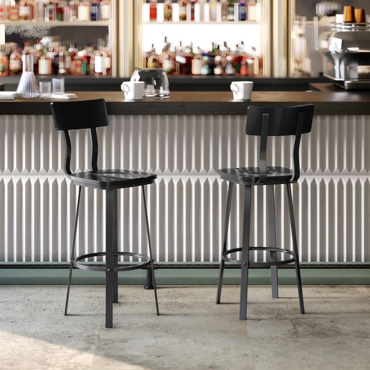 Black |#| Black Restaurant Barstool with Wood Seat & Back & Black Powder Coat Frame