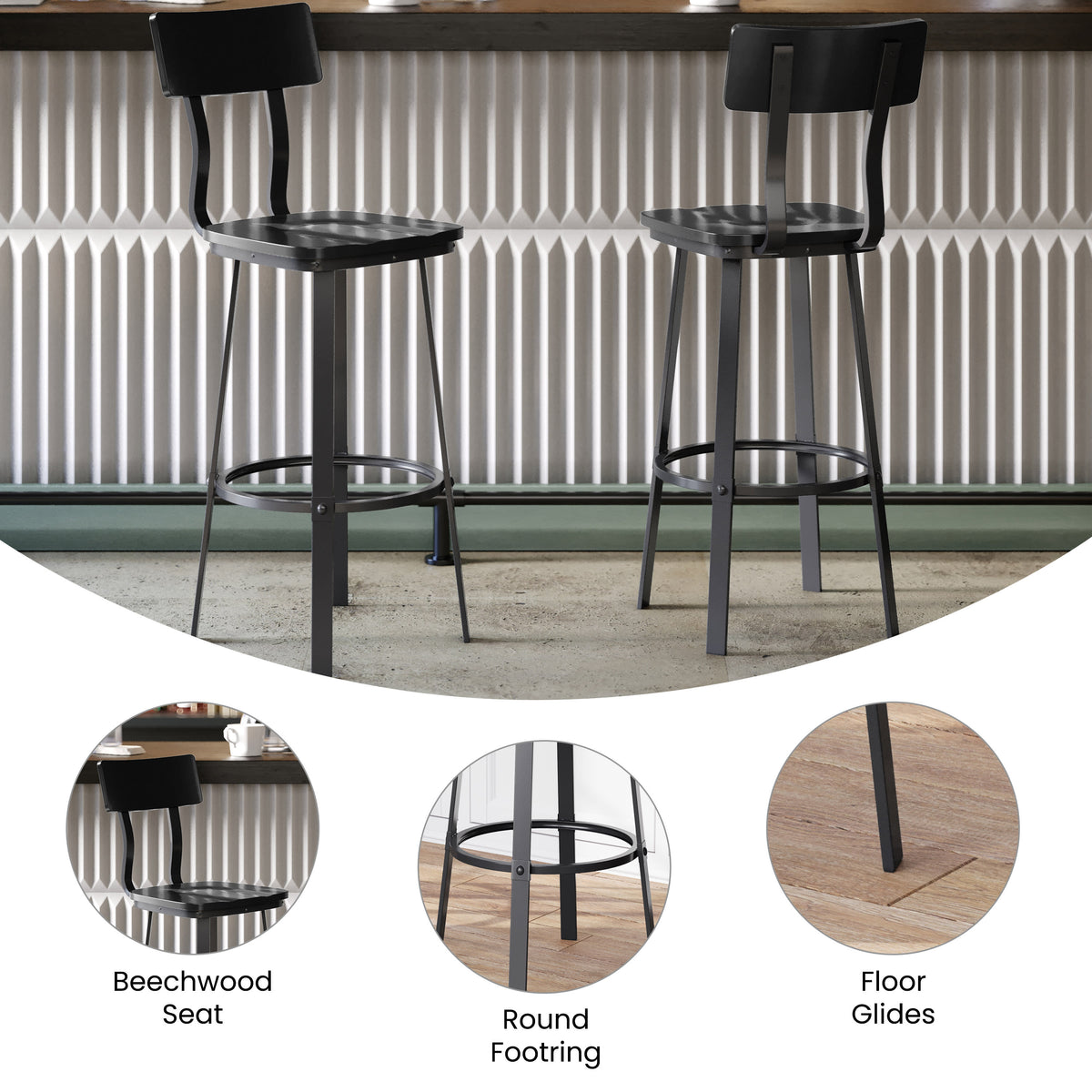 Black |#| Black Restaurant Barstool with Wood Seat & Back & Black Powder Coat Frame