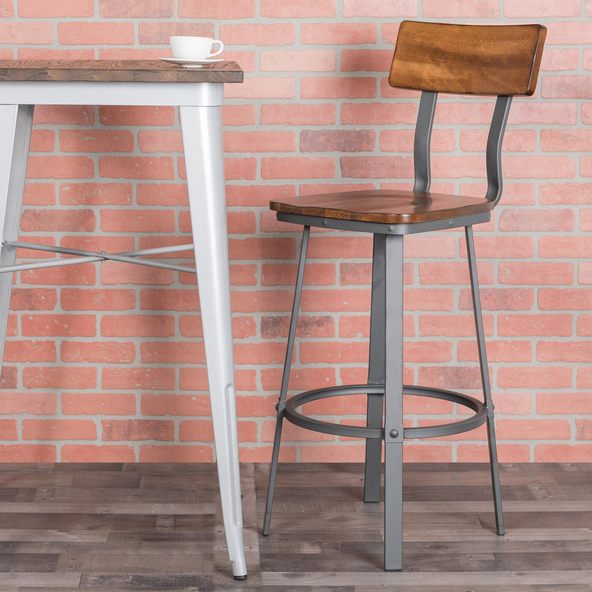 Rustic Walnut |#| Rustic Walnut Restaurant Barstool with Wood Seat & Back & Gray Powder Coat Frame