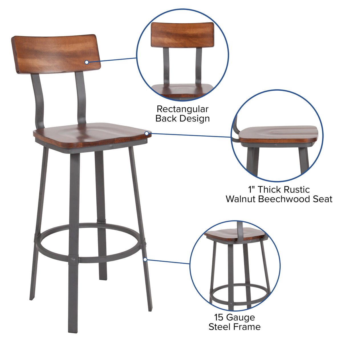 Rustic Walnut |#| Rustic Walnut Restaurant Barstool with Wood Seat & Back & Gray Powder Coat Frame