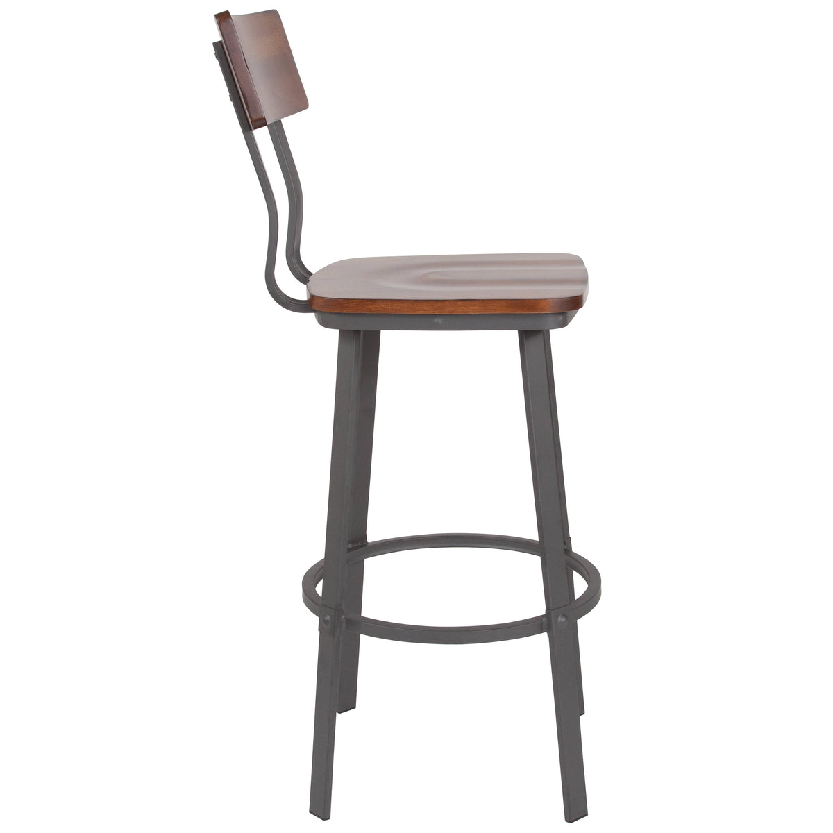 Rustic Walnut |#| Rustic Walnut Restaurant Barstool with Wood Seat & Back & Gray Powder Coat Frame