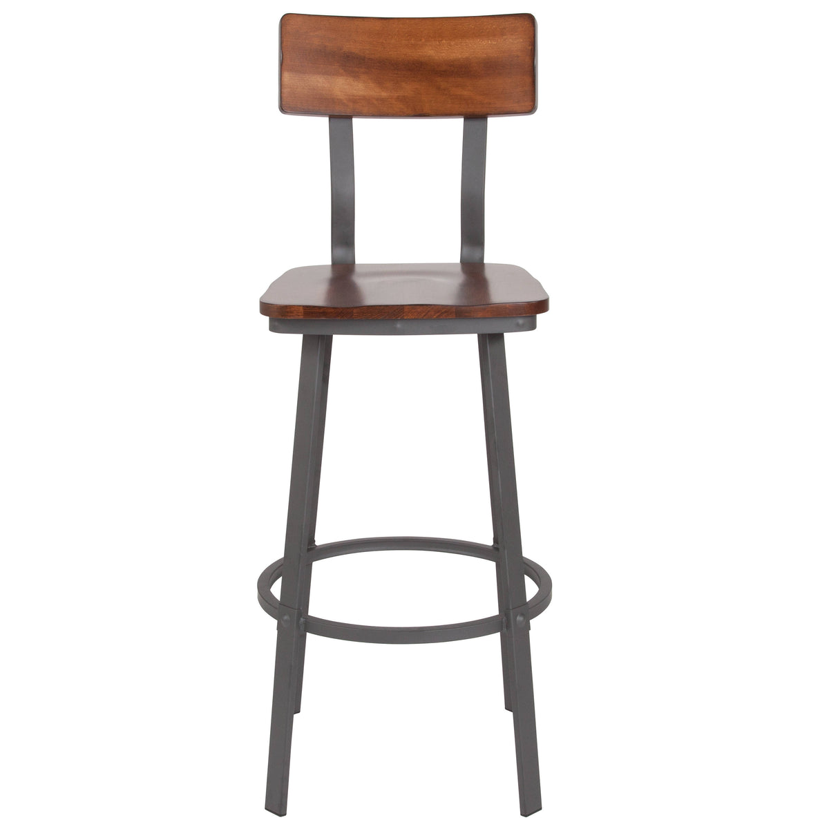 Rustic Walnut |#| Rustic Walnut Restaurant Barstool with Wood Seat & Back & Gray Powder Coat Frame
