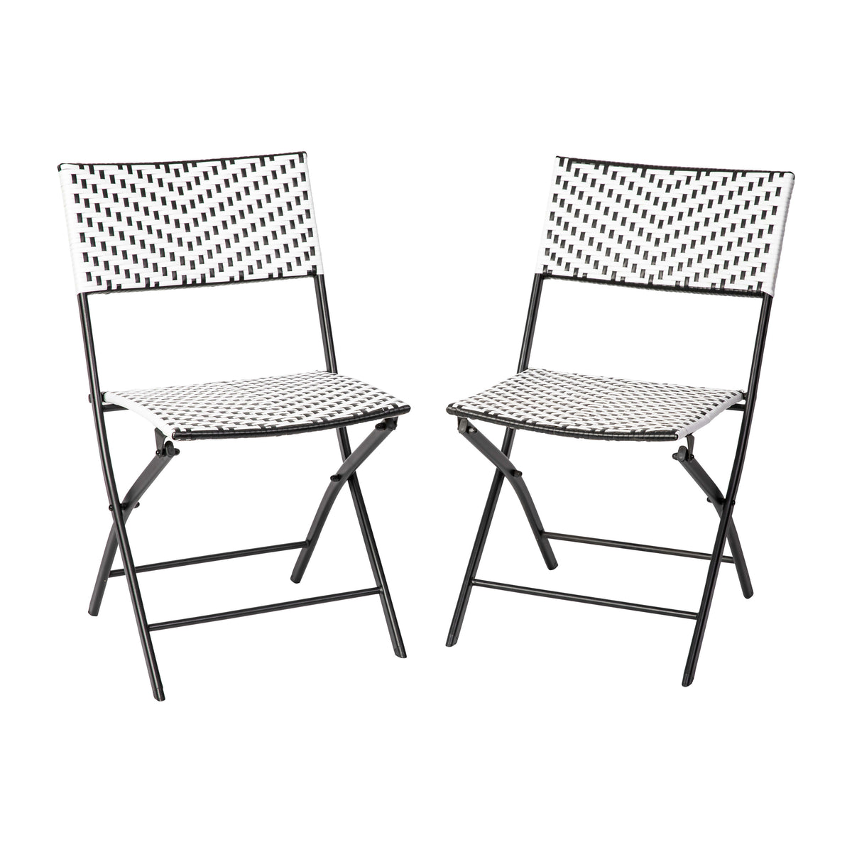 Black & White |#| 2PC Black and White Indoor/Outdoor PE Rattan Folding Bistro Chairs