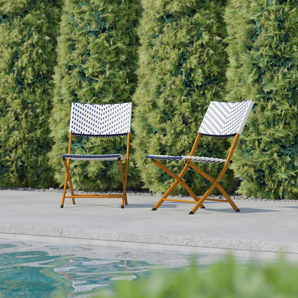 Navy & White |#| 2PC Navy and White Indoor/Outdoor PE Rattan Folding Bistro Chairs