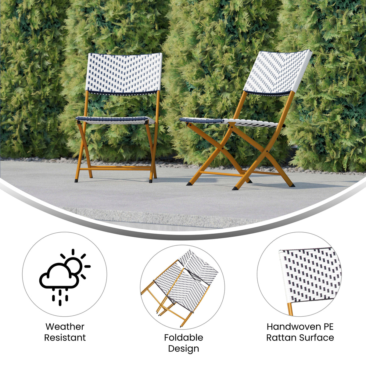 Navy & White |#| 2PC Navy and White Indoor/Outdoor PE Rattan Folding Bistro Chairs