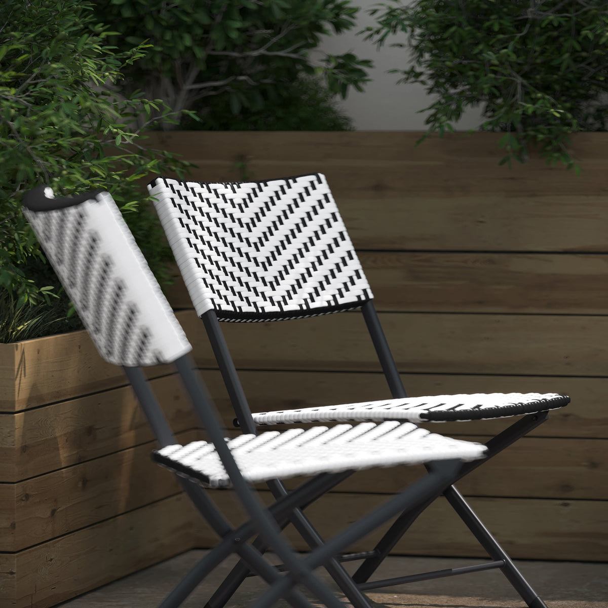 Black & White |#| 2PC Black and White Indoor/Outdoor PE Rattan Folding Bistro Chairs