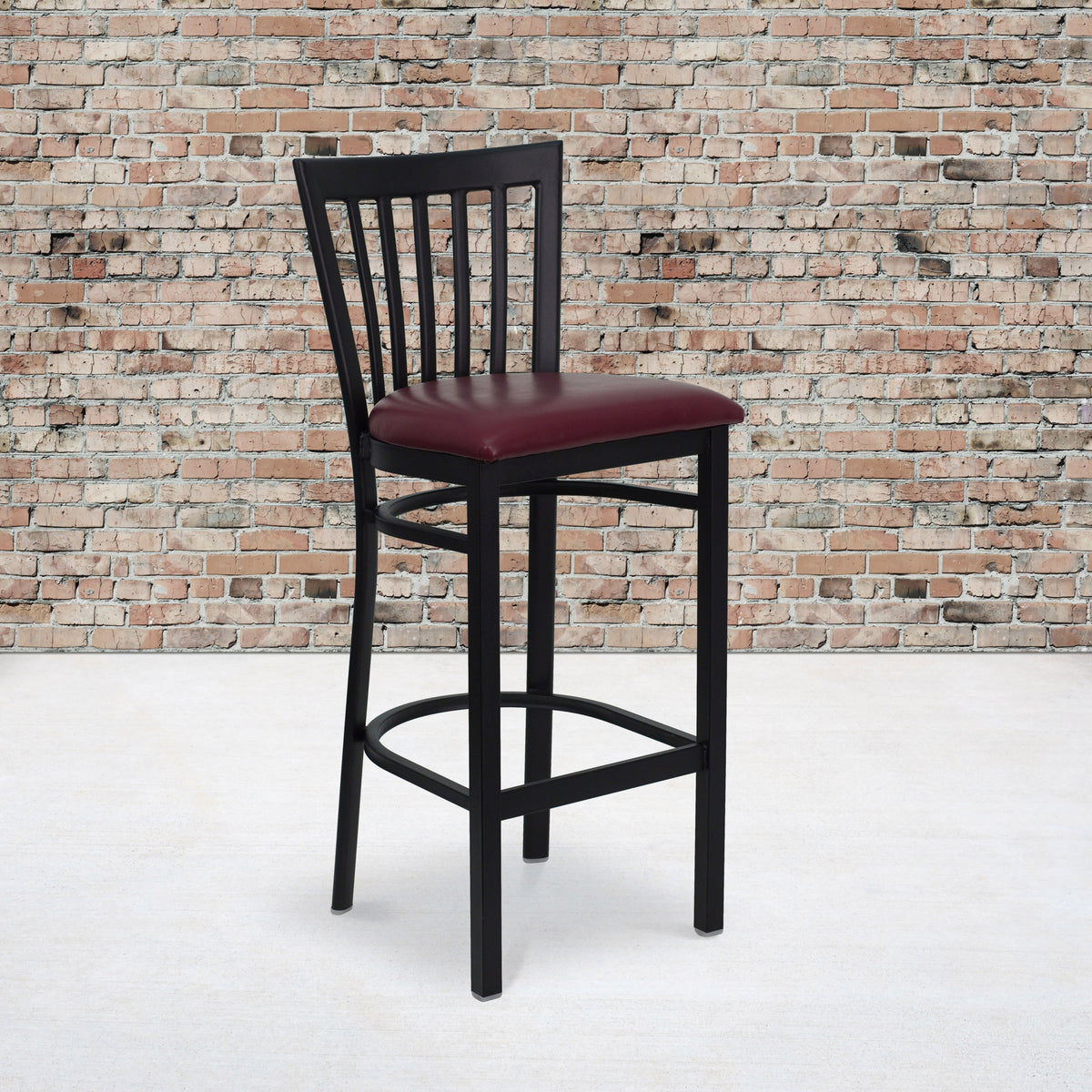 Burgundy Vinyl Seat/Black Metal Frame |#| Black School House Back Metal Restaurant Barstool - Burgundy Vinyl Seat
