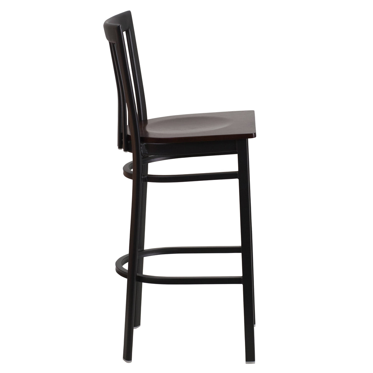 Walnut Wood Seat/Black Metal Frame |#| Black School House Back Metal Restaurant Barstool - Walnut Wood Seat