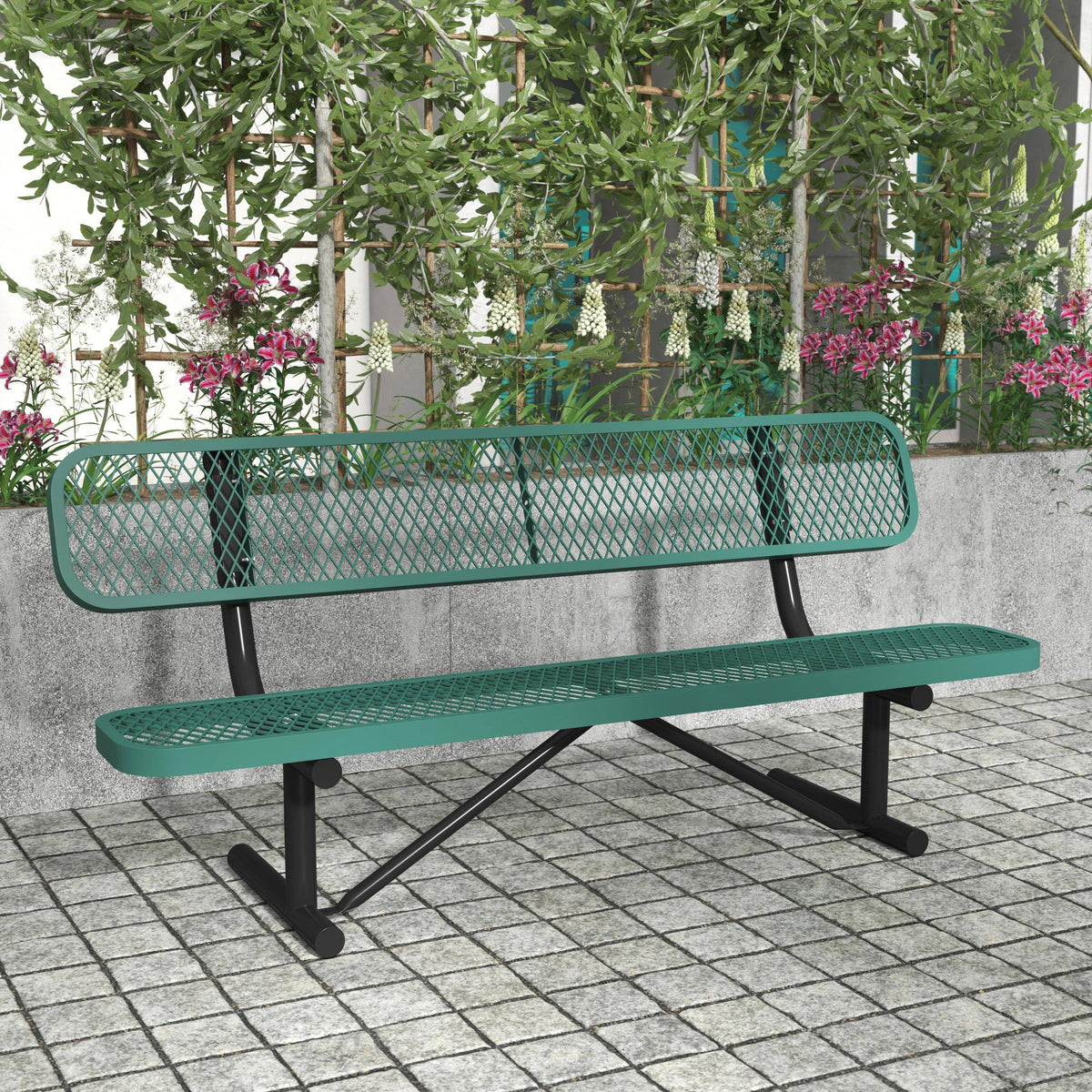 Green |#| Commercial Grade 6' Expanded Mesh Metal Outdoor Bench with Anchors in Green