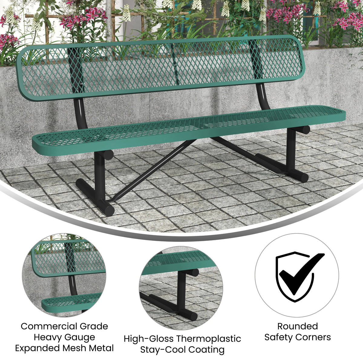 Green |#| Commercial Grade 6' Expanded Mesh Metal Outdoor Bench with Anchors in Green