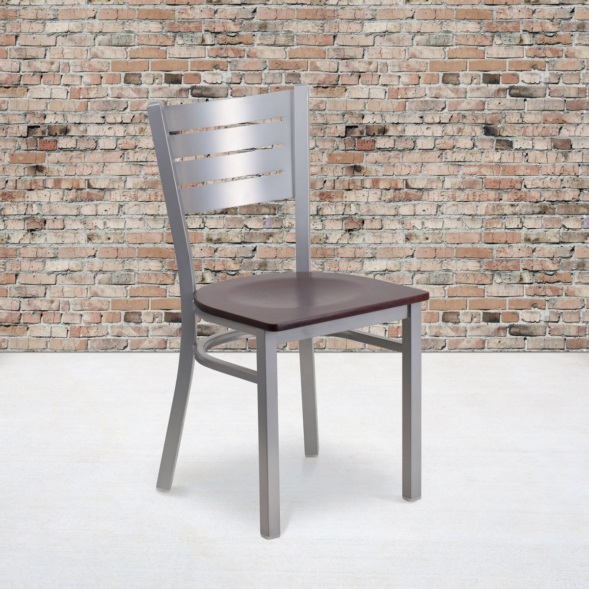 Mahogany Wood Seat/Silver Frame |#| Silver Slat Back Metal Restaurant Chair - Mahogany Wood Seat