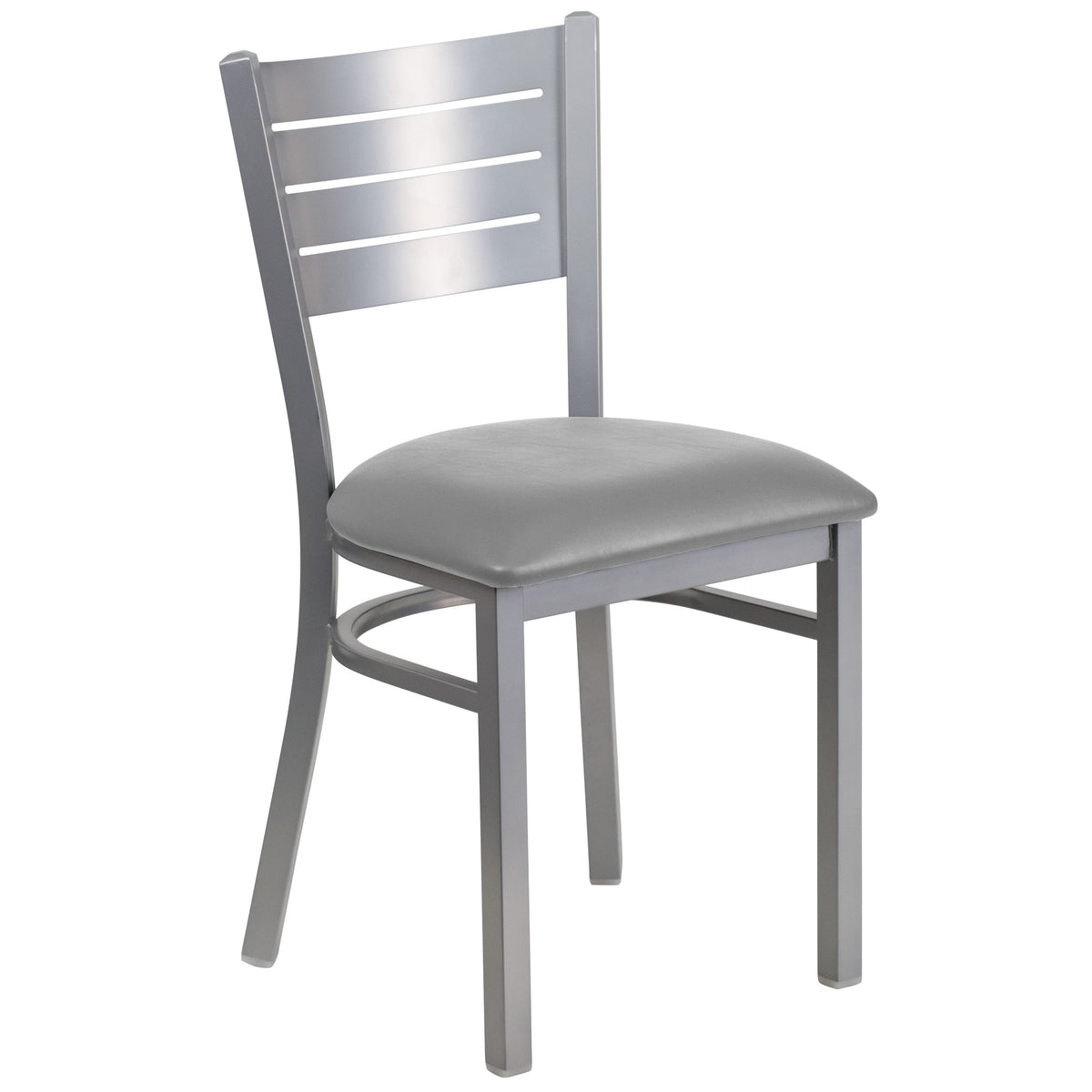 Custom Upholstery/Silver Frame |#| Silver Slat Back Metal Restaurant Chair - Custom Upholstered Seat