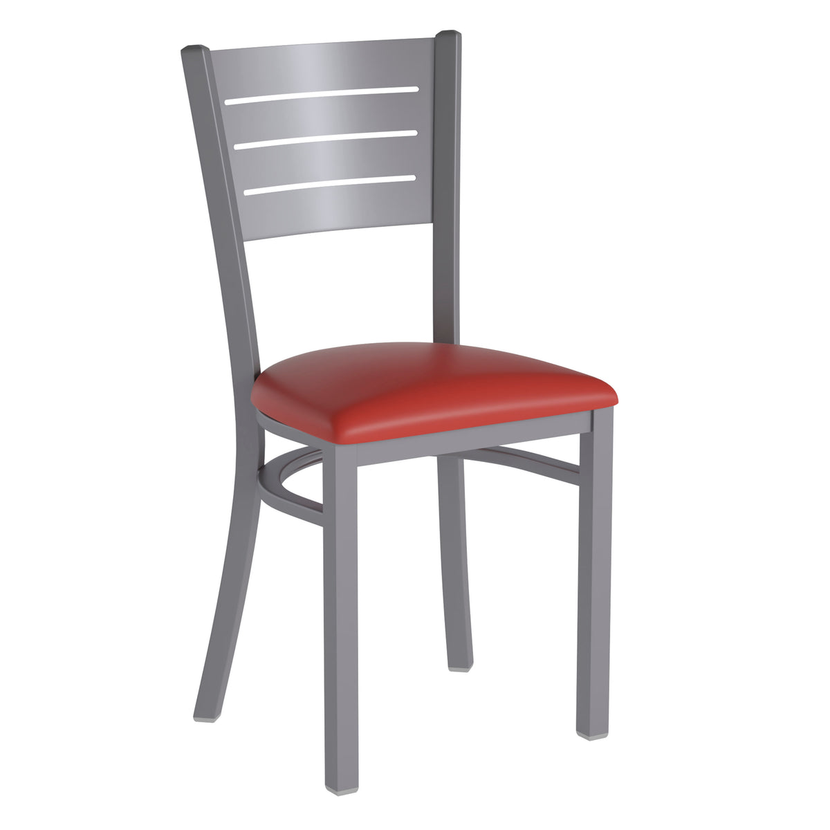 Red Vinyl Seat/Silver Frame |#| Silver Slat Back Metal Restaurant Chair - Red Vinyl Seat