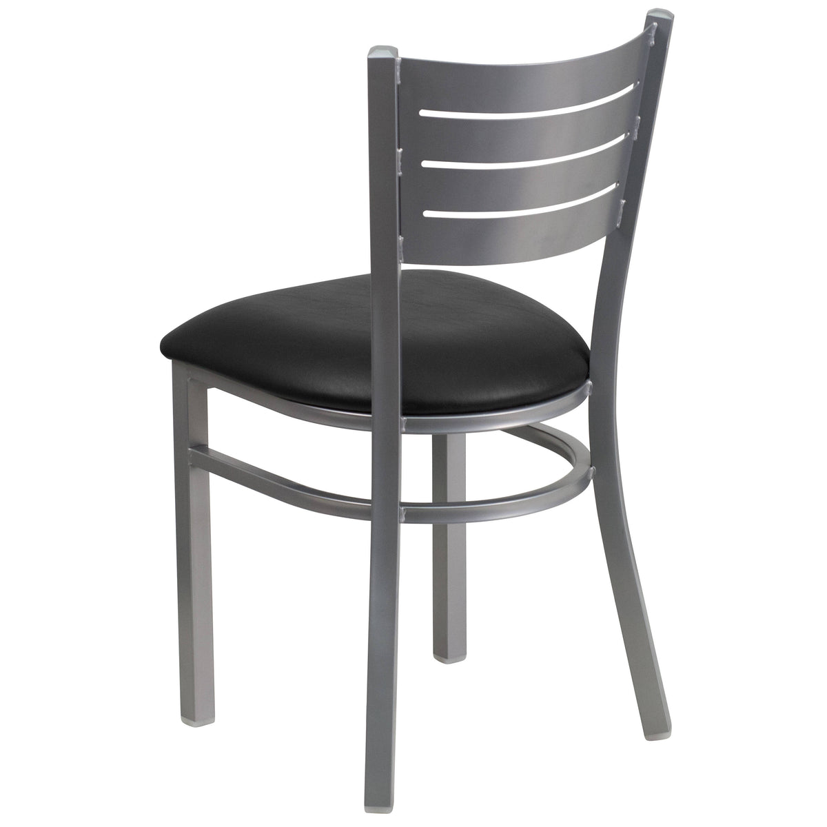 Black Vinyl Seat/Silver Frame |#| Silver Slat Back Metal Restaurant Chair - Black Vinyl Seat