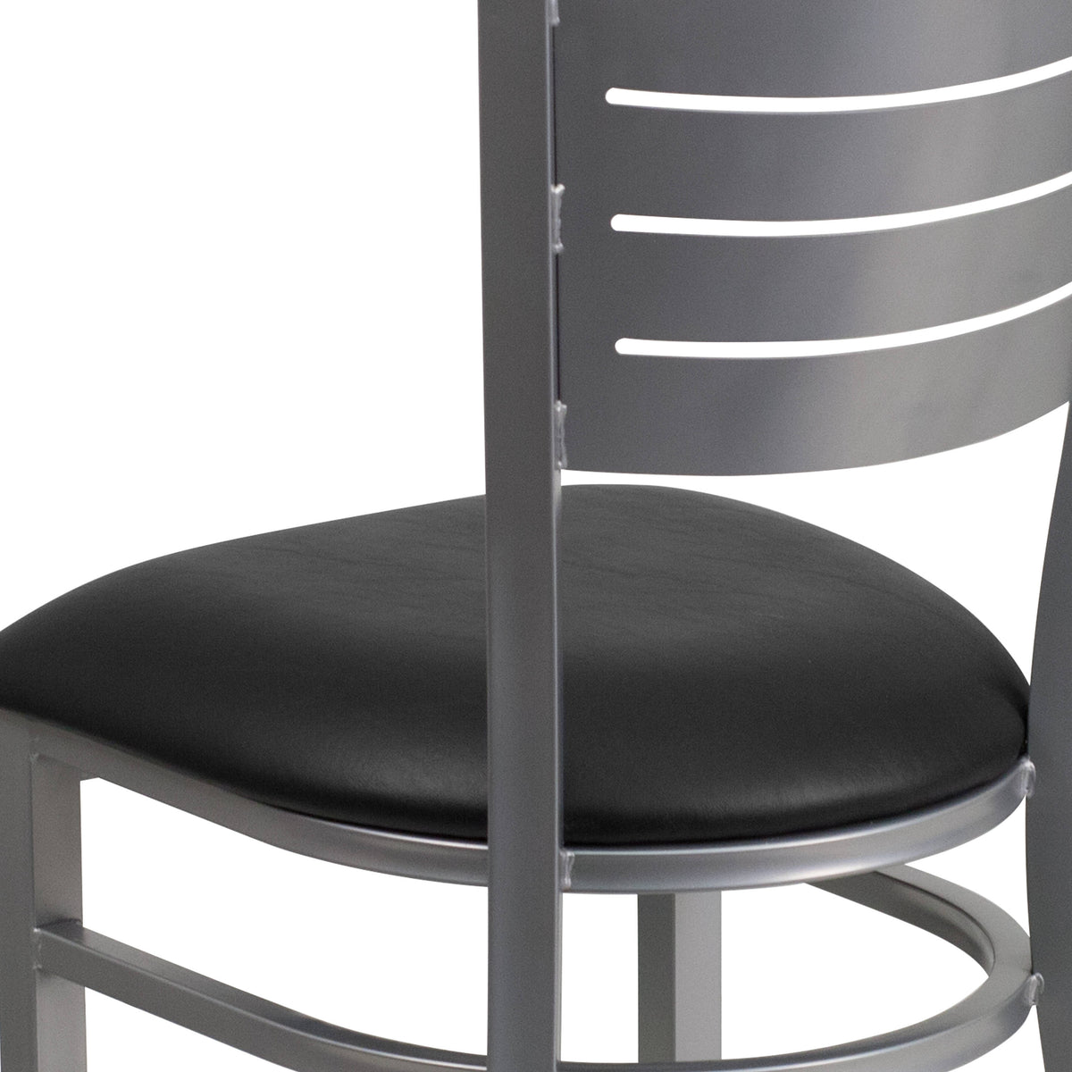 Black Vinyl Seat/Silver Frame |#| Silver Slat Back Metal Restaurant Chair - Black Vinyl Seat