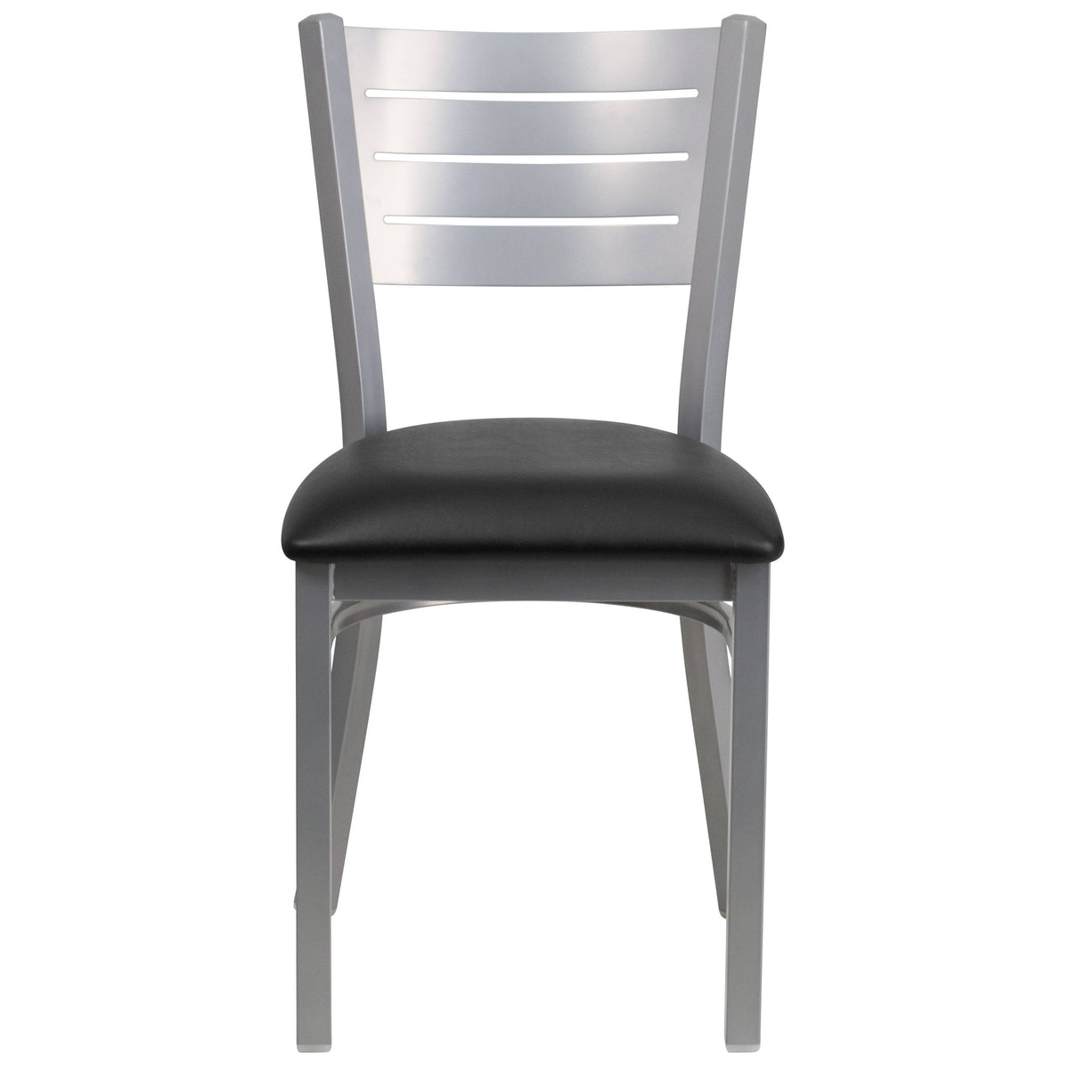Black Vinyl Seat/Silver Frame |#| Silver Slat Back Metal Restaurant Chair - Black Vinyl Seat
