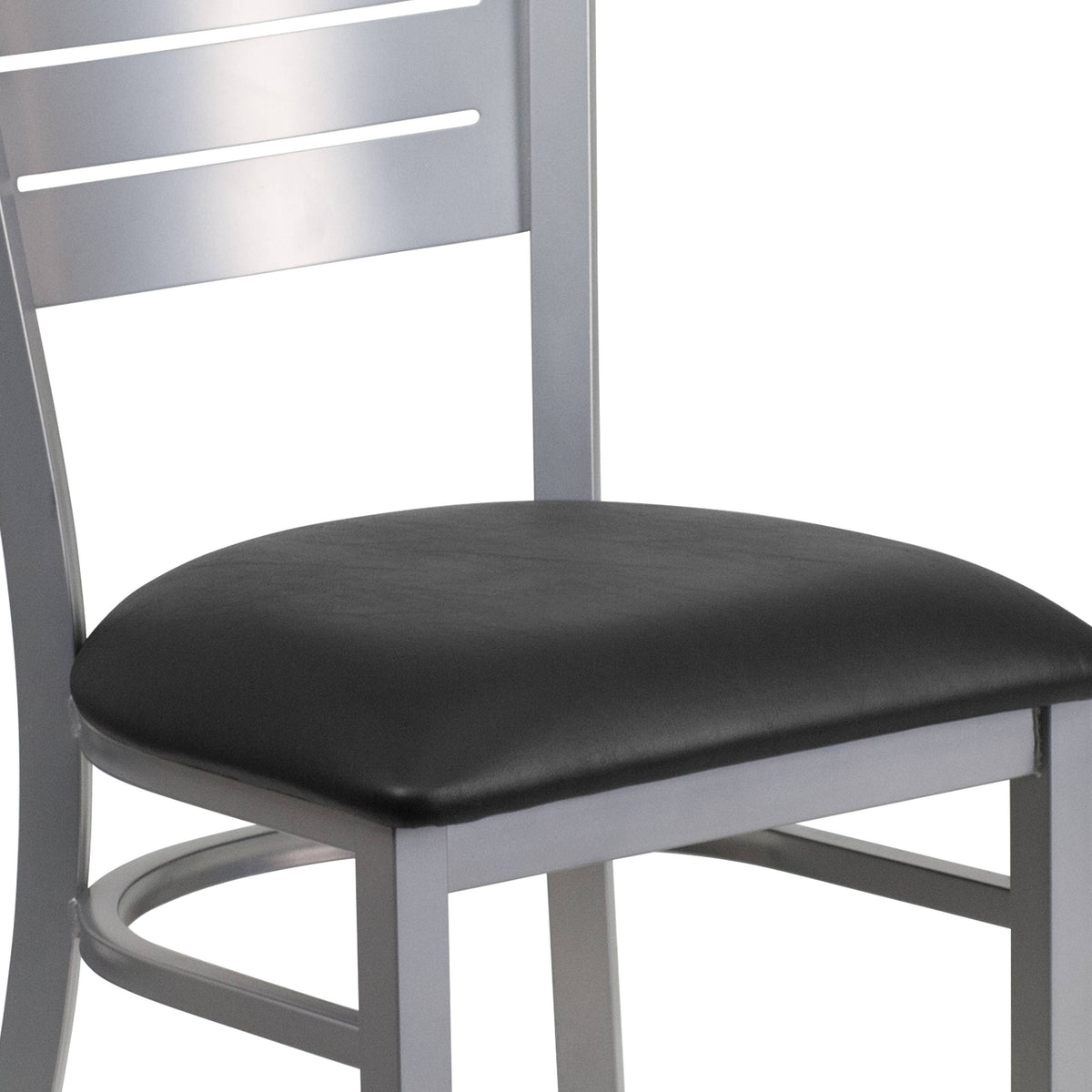 Black Vinyl Seat/Silver Frame |#| Silver Slat Back Metal Restaurant Chair - Black Vinyl Seat