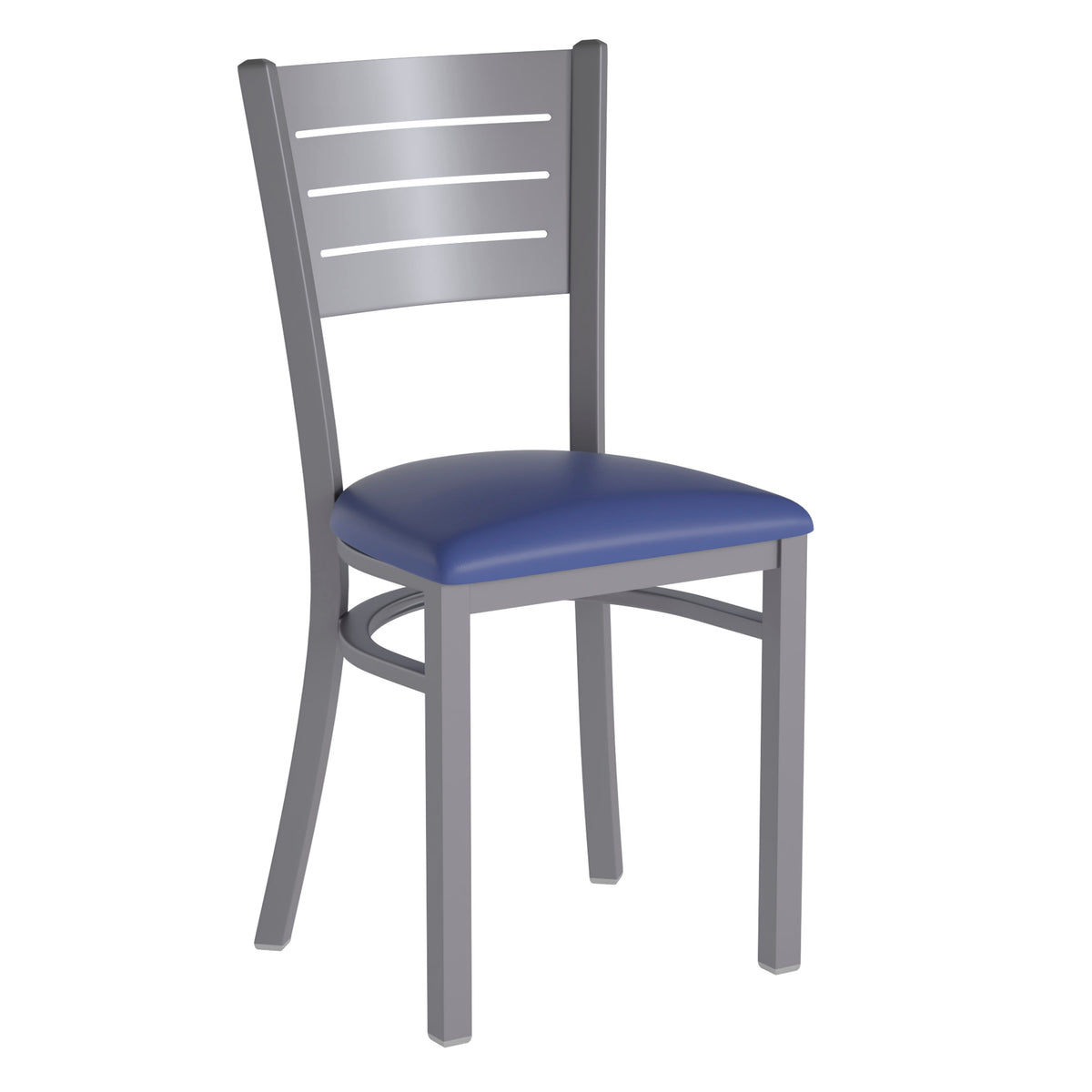 Blue Vinyl Seat/Silver Frame |#| Silver Slat Back Metal Restaurant Chair - Blue Vinyl Seat