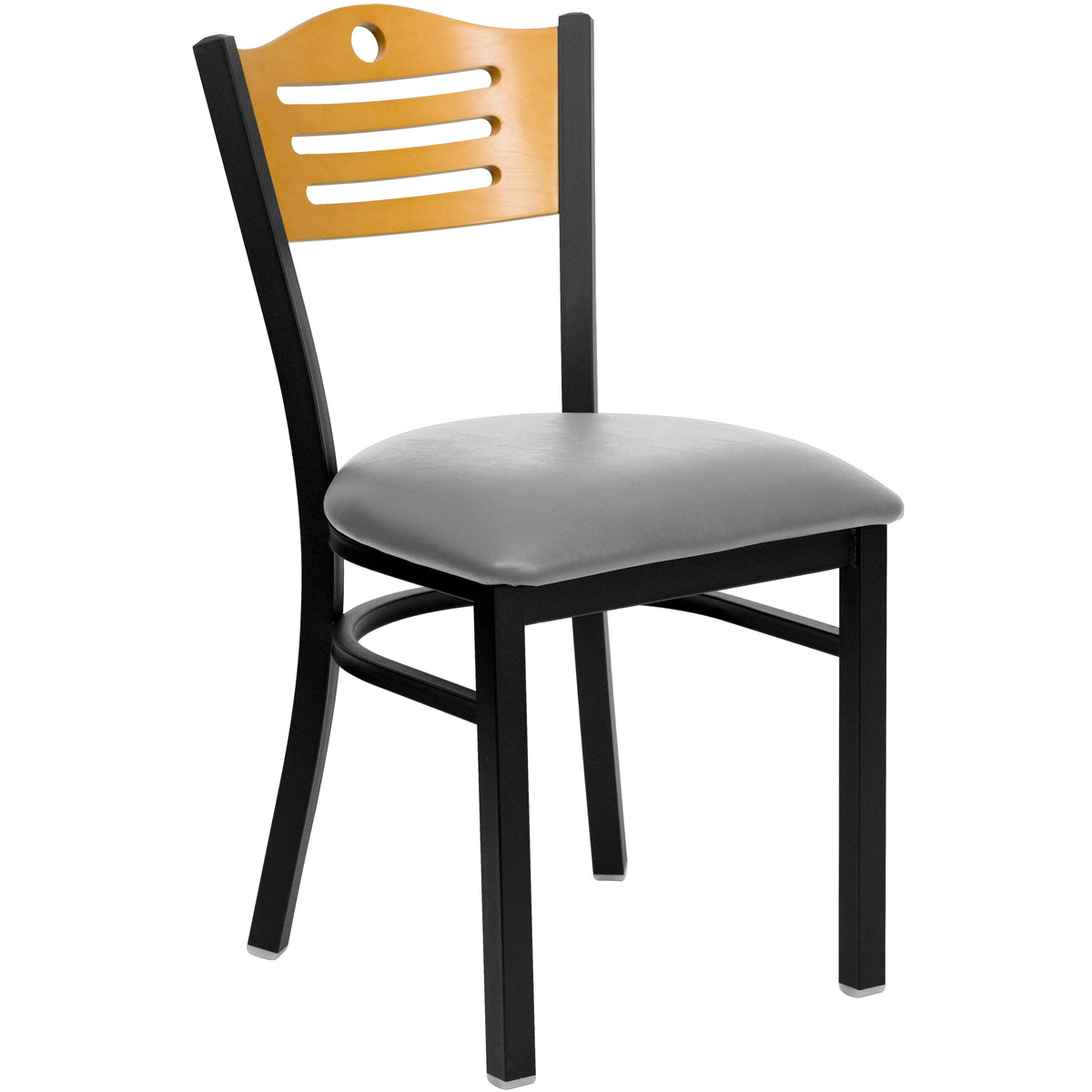 Custom Upholstery/Black Metal Frame |#| Black Slat Back Metal Restaurant Chair - Natural Wood Back, Custom Seat