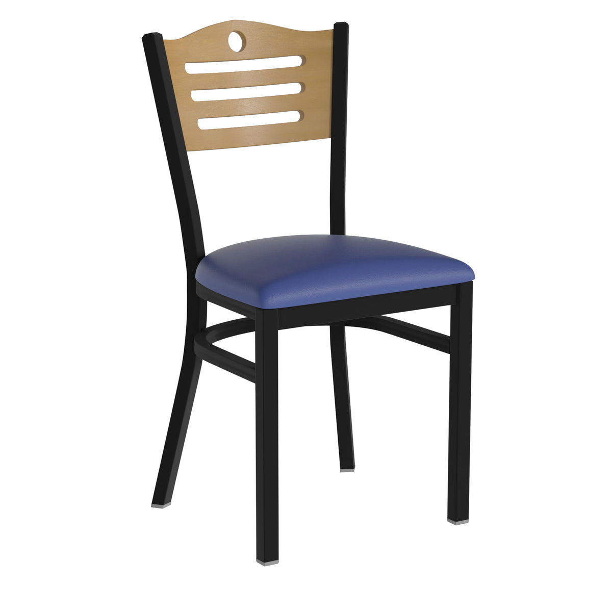 Natural Wood Back/Blue Vinyl Seat/Black Metal Frame |#| Black Slat Back Metal Restaurant Chair - Natural Wood Back, Blue Vinyl Seat