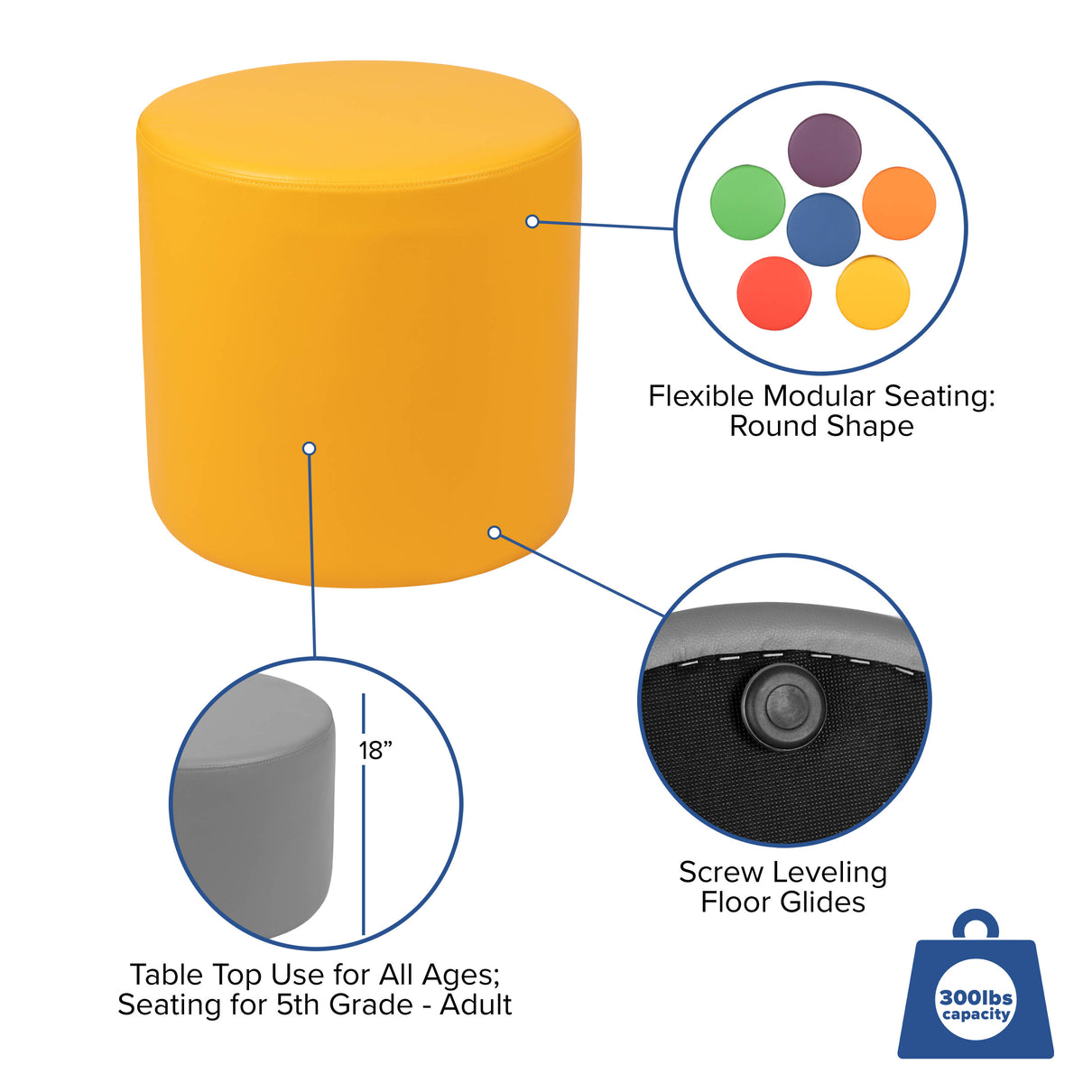 Yellow |#| 18"H Soft Seating Flexible Circle for Classrooms and Common Spaces - Yellow