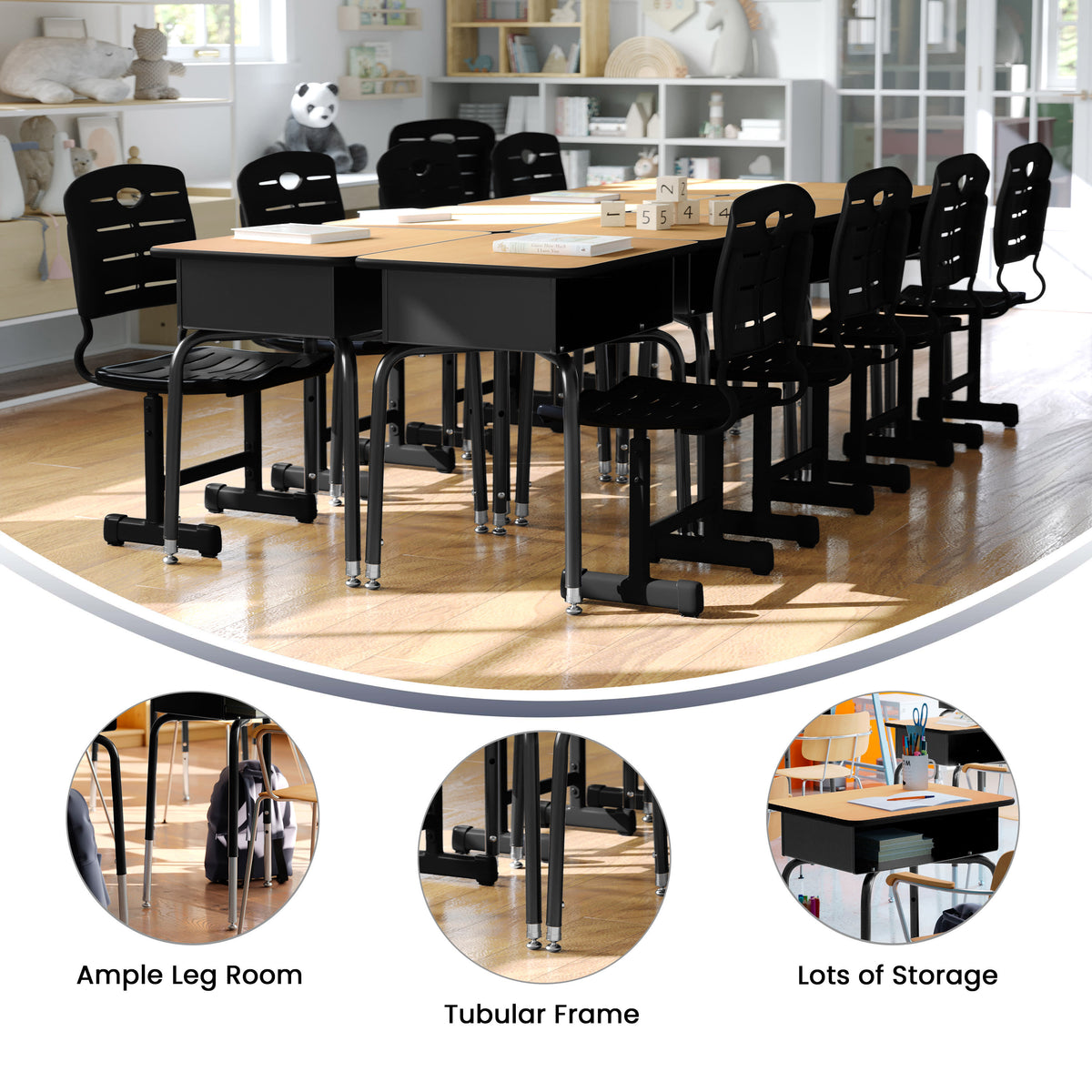 Natural Top/Black Frame |#| Natural Student Desk with Open Front Metal Book Box - School Desk