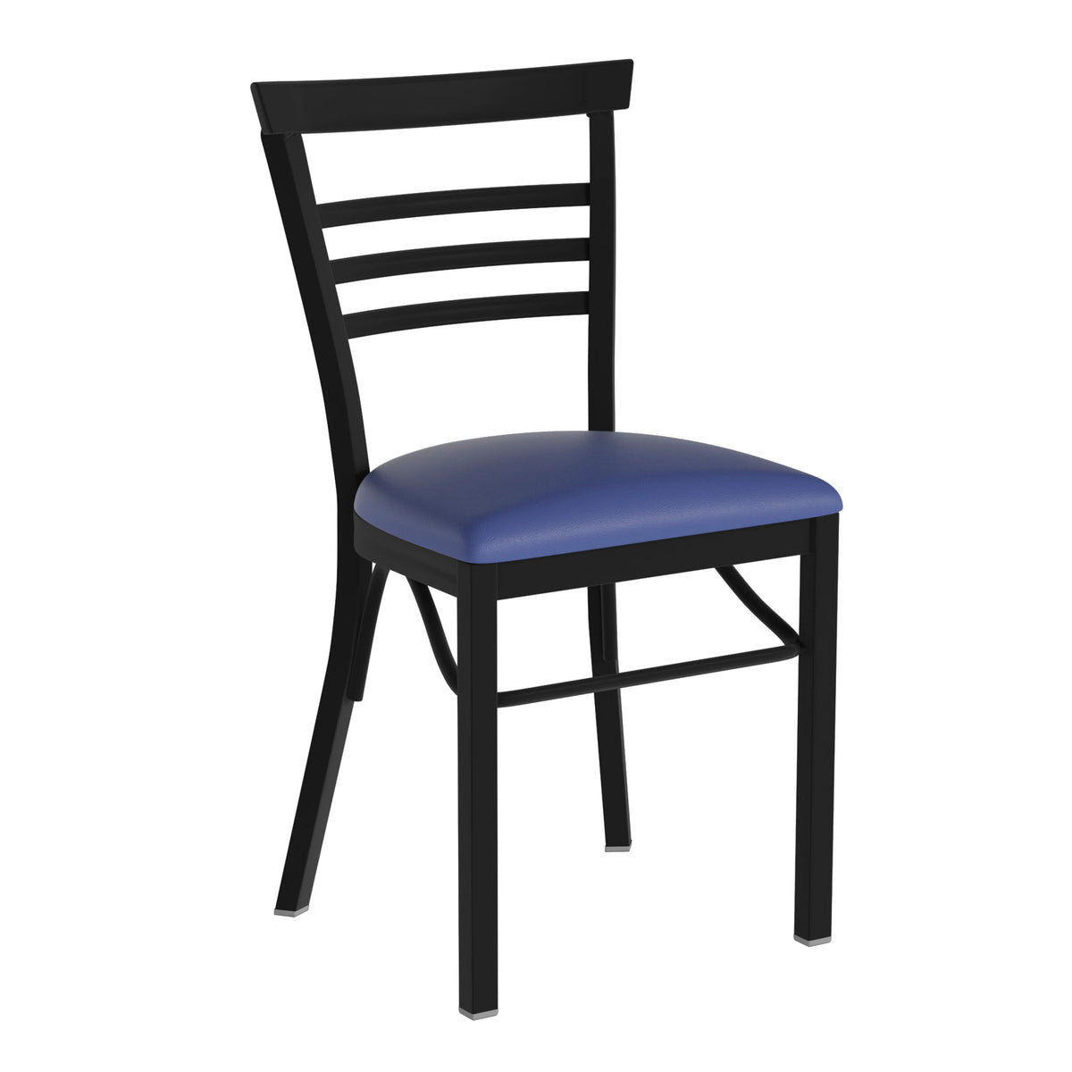 Blue Vinyl Seat/Black Metal Frame |#| Black Three-Slat Ladder Back Metal Restaurant Chair - Blue Vinyl Seat