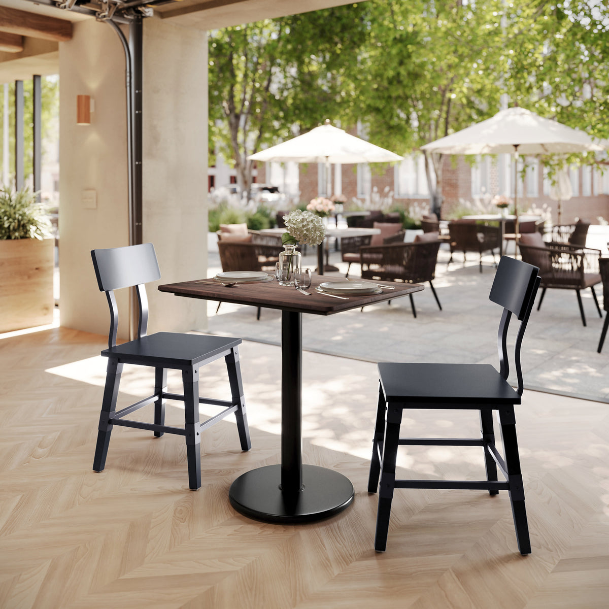 Dark Brown/Black Base |#| Commercial 30x24 Dark Brown HPL Tabletop with Black Table Height RD Base