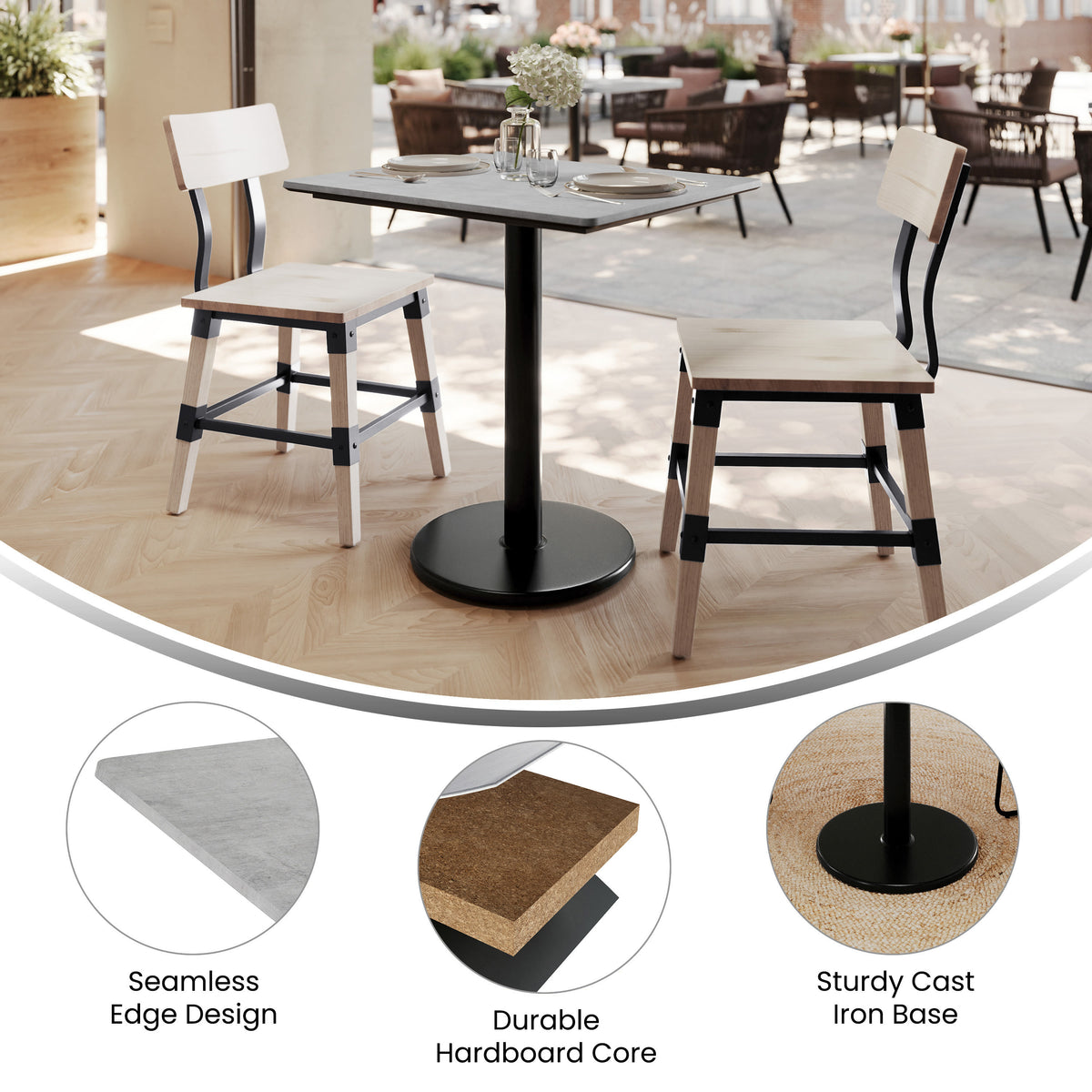 Gray Faux Concrete/Black Base |#| Commercial 30x24 Gray Faux Concrete HPL Tabletop-Black Table Height RD Base