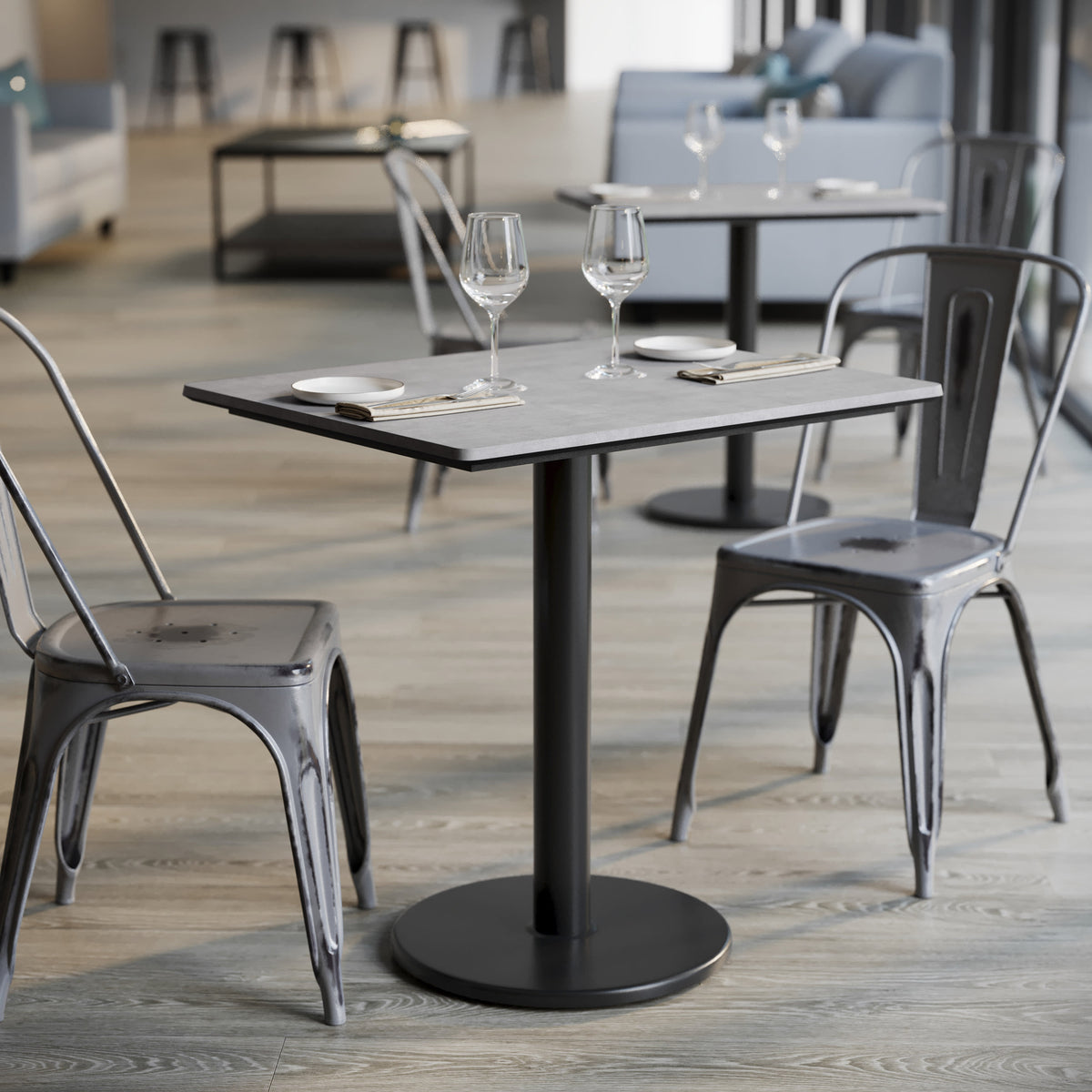 Gray Faux Concrete/Black Base |#| Commercial 30x24 Gray Faux Concrete HPL Tabletop-Black Table Height RD Base