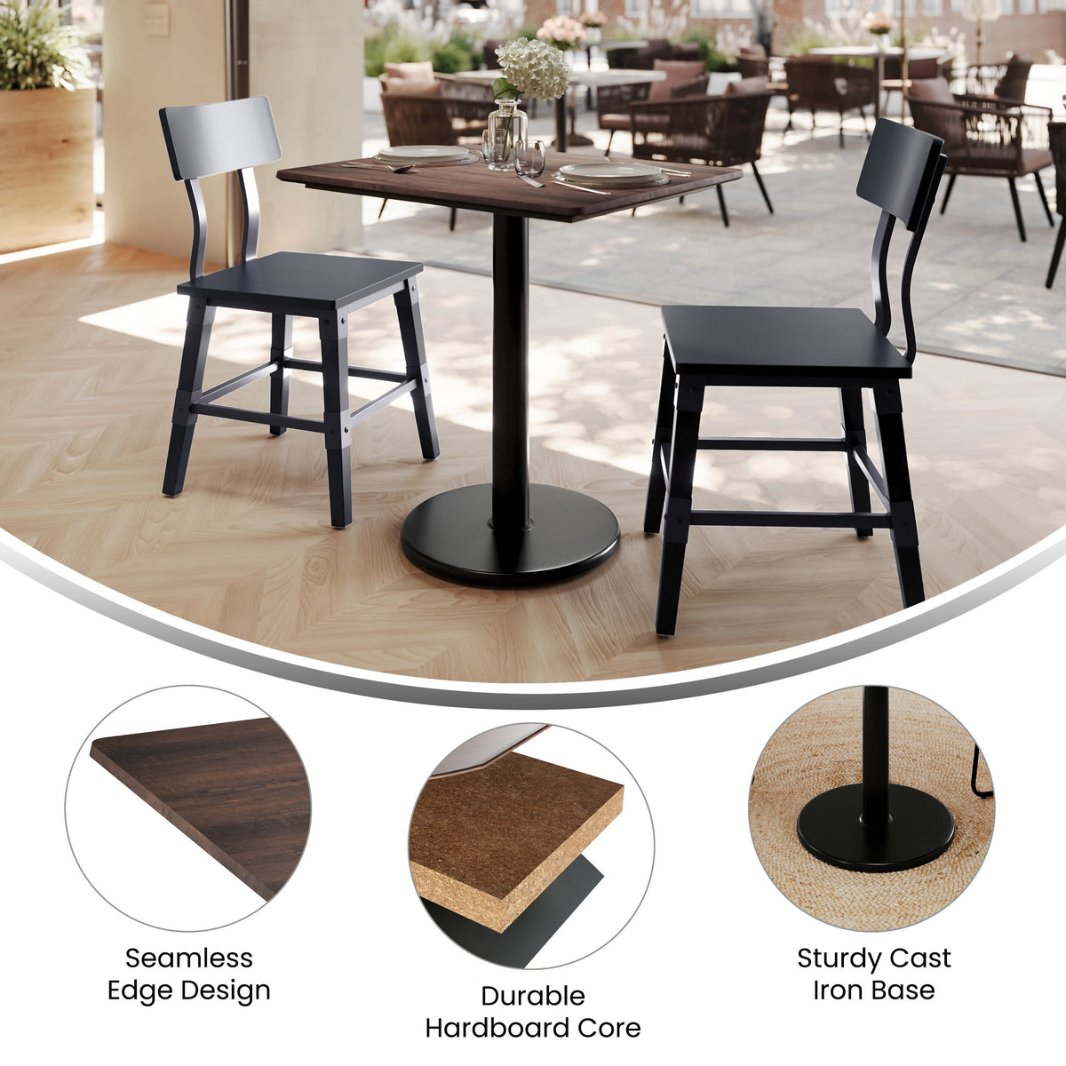 Dark Brown/Black Base |#| Commercial 30x24 Dark Brown HPL Tabletop with Black Table Height RD Base