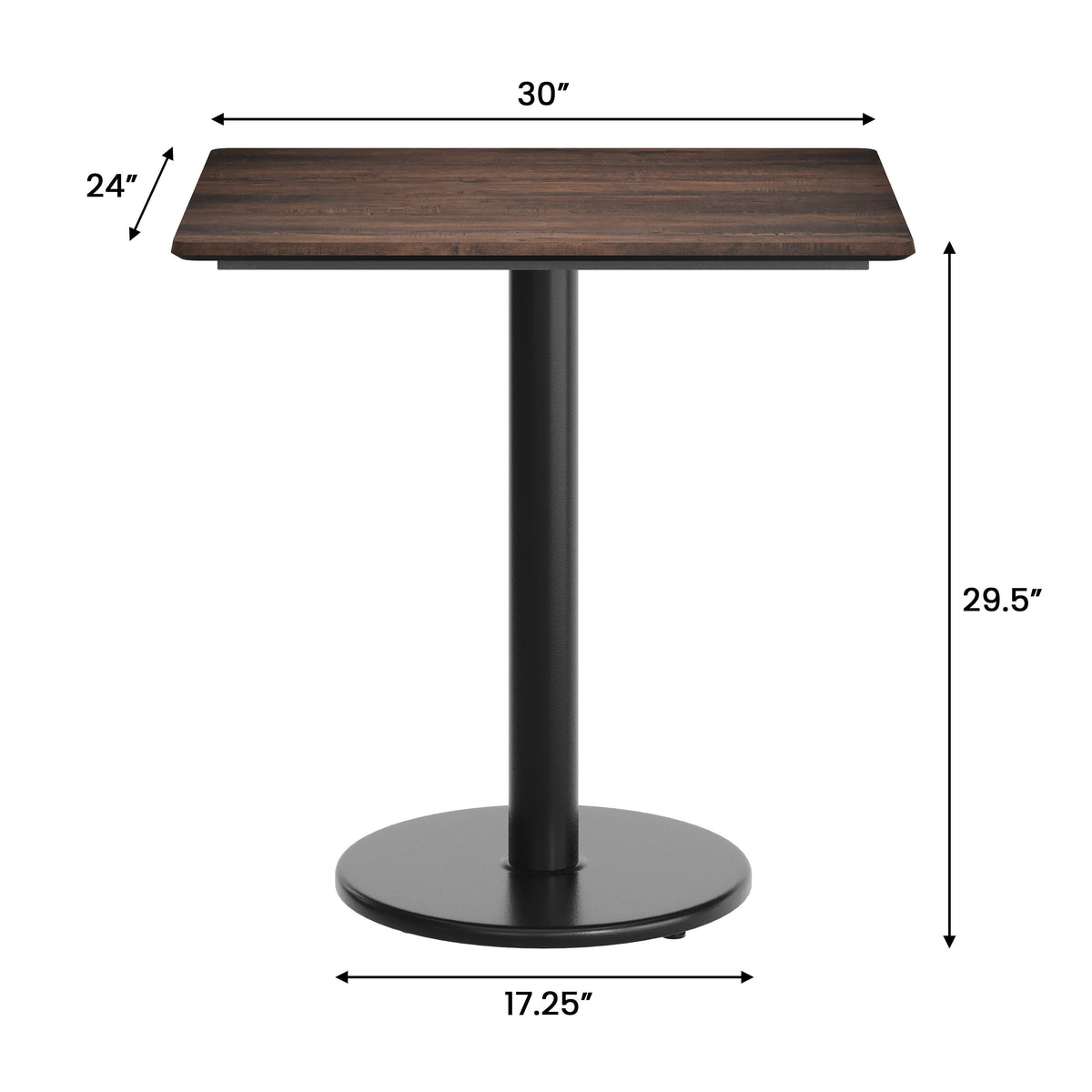 Dark Brown/Black Base |#| Commercial 30x24 Dark Brown HPL Tabletop with Black Table Height RD Base