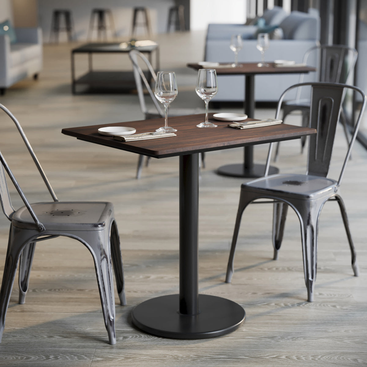 Dark Brown/Black Base |#| Commercial 30x24 Dark Brown HPL Tabletop with Black Table Height RD Base
