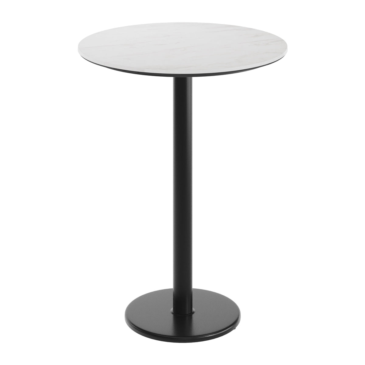 White Faux Marble/Black Base |#| Commercial 31.25" White Faux Marble HPL Tabletop with Black Bar Height RD Base