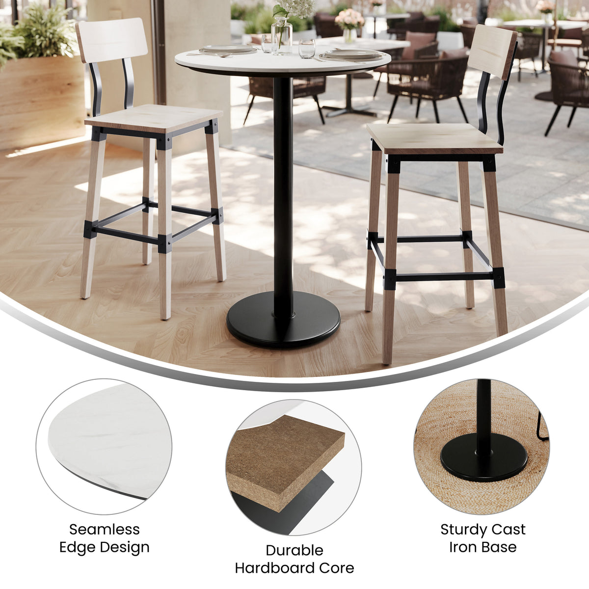 White Faux Marble/Black Base |#| Commercial 31.25" White Faux Marble HPL Tabletop with Black Bar Height RD Base