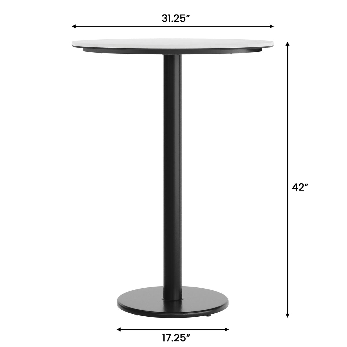 White Faux Marble/Black Base |#| Commercial 31.25" White Faux Marble HPL Tabletop with Black Bar Height RD Base