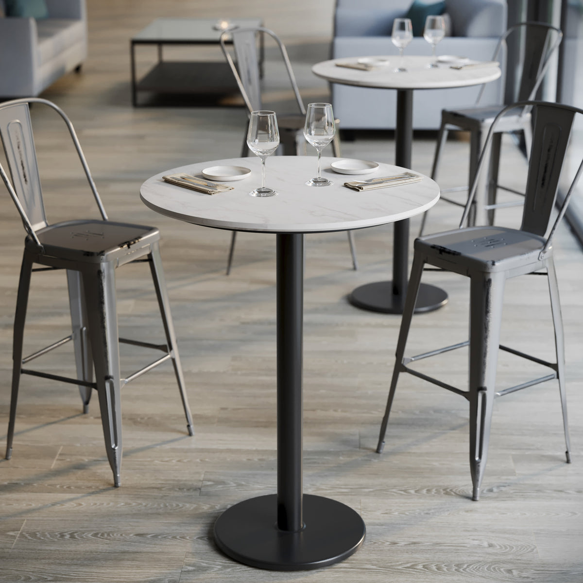 White Faux Marble/Black Base |#| Commercial 31.25" White Faux Marble HPL Tabletop with Black Bar Height RD Base
