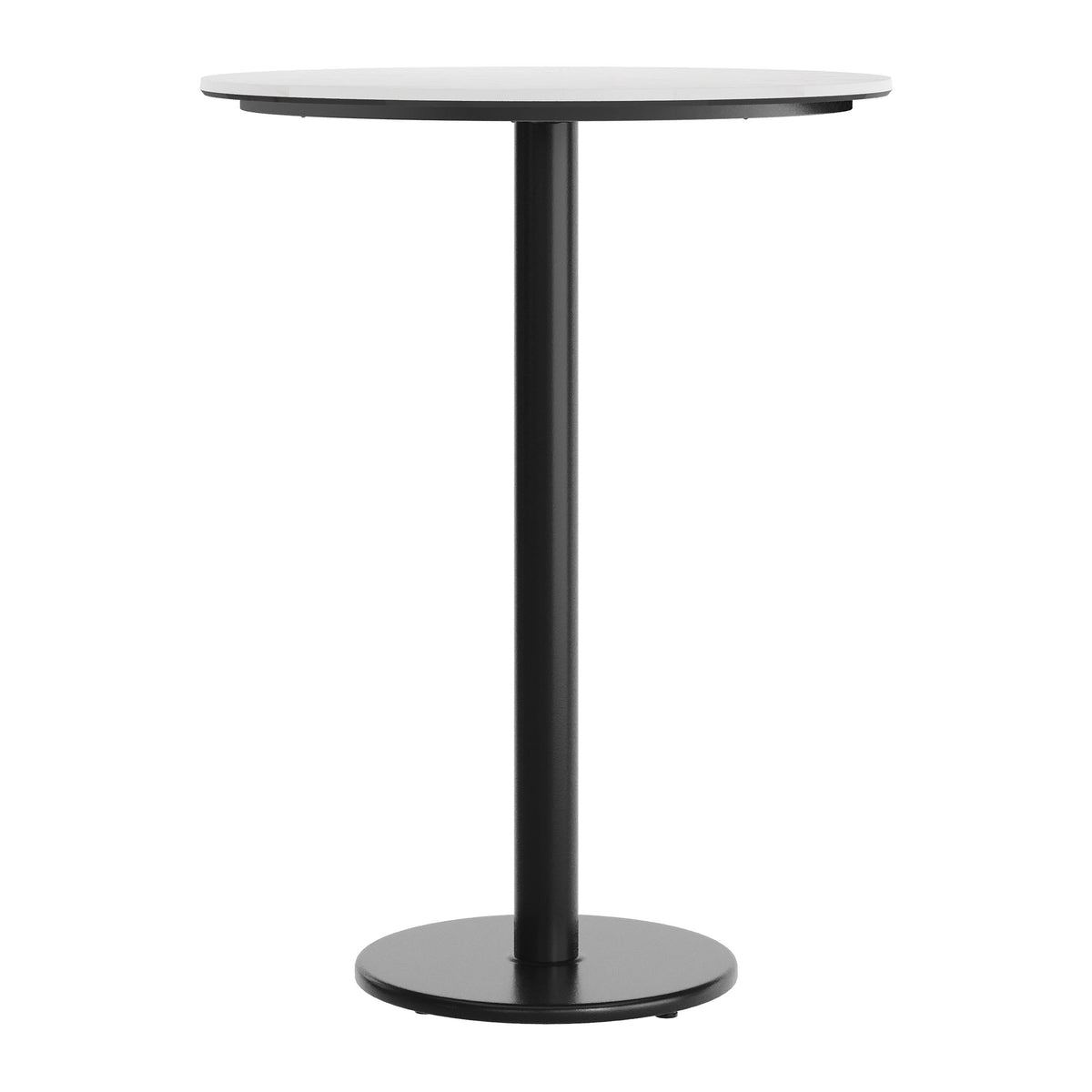 White Faux Marble/Black Base |#| Commercial 31.25" White Faux Marble HPL Tabletop with Black Bar Height RD Base