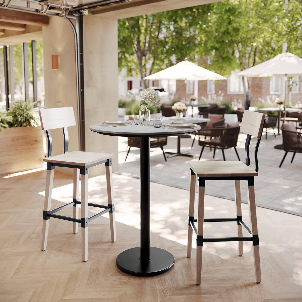 Gray Faux Concrete/Black Base |#| Commercial 31.25" Gray Faux Concrete HPL Tabletop with Black Bar Height RD Base