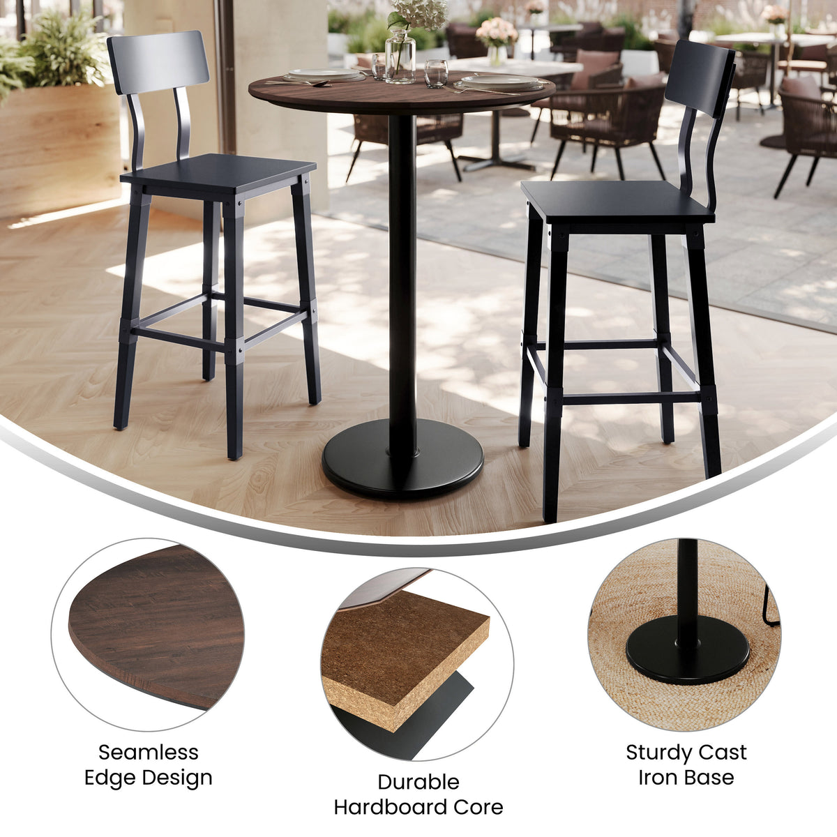 Dark Brown/Black Base |#| Commercial 31.25" Dark Brown HPL Tabletop with Black Bar Height RD Base