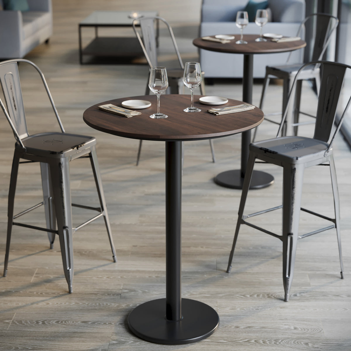 Dark Brown/Black Base |#| Commercial 31.25" Dark Brown HPL Tabletop with Black Bar Height RD Base