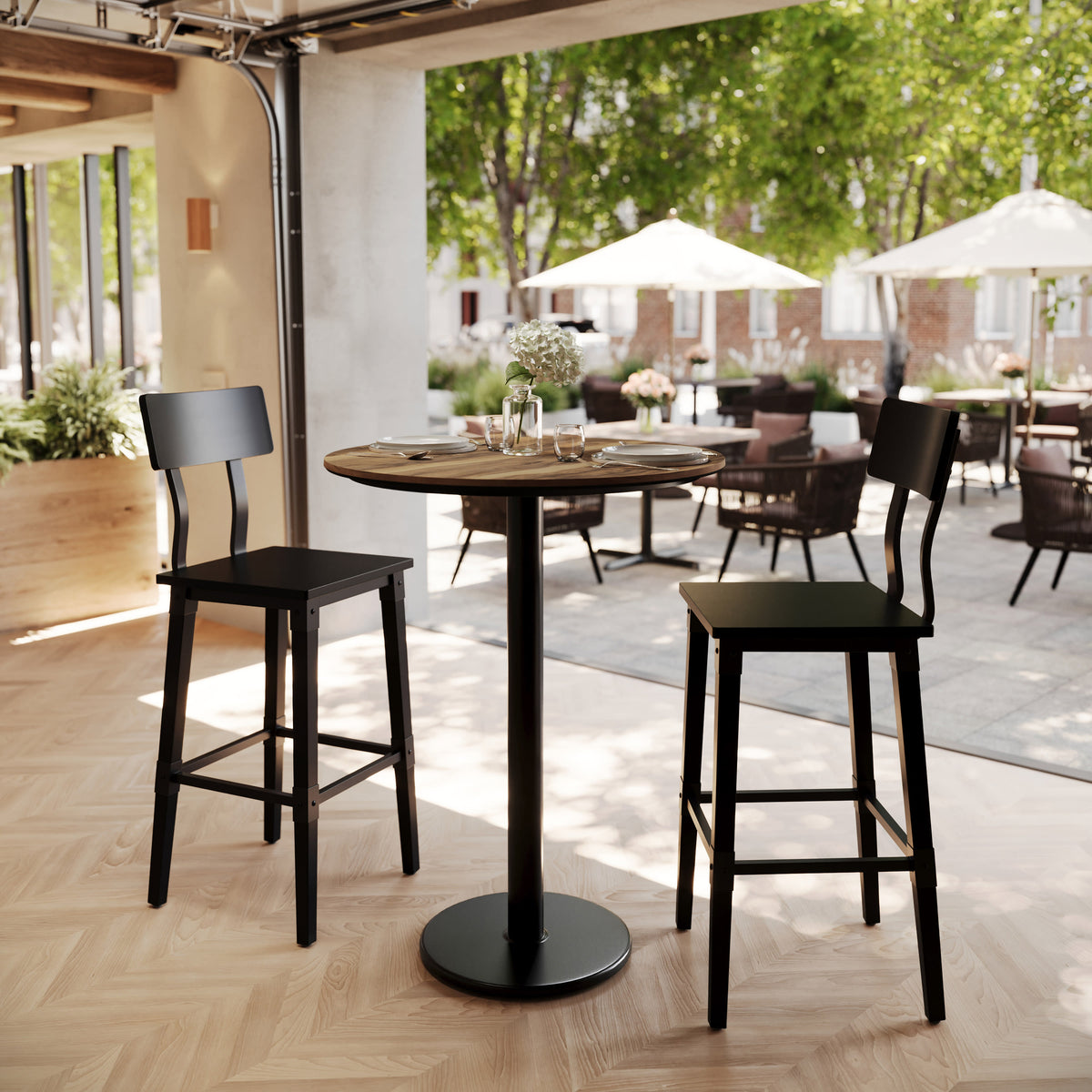 Natural/Black Base |#| Commercial 31.25" Natural HPL Tabletop with Black Bar Height RD Base