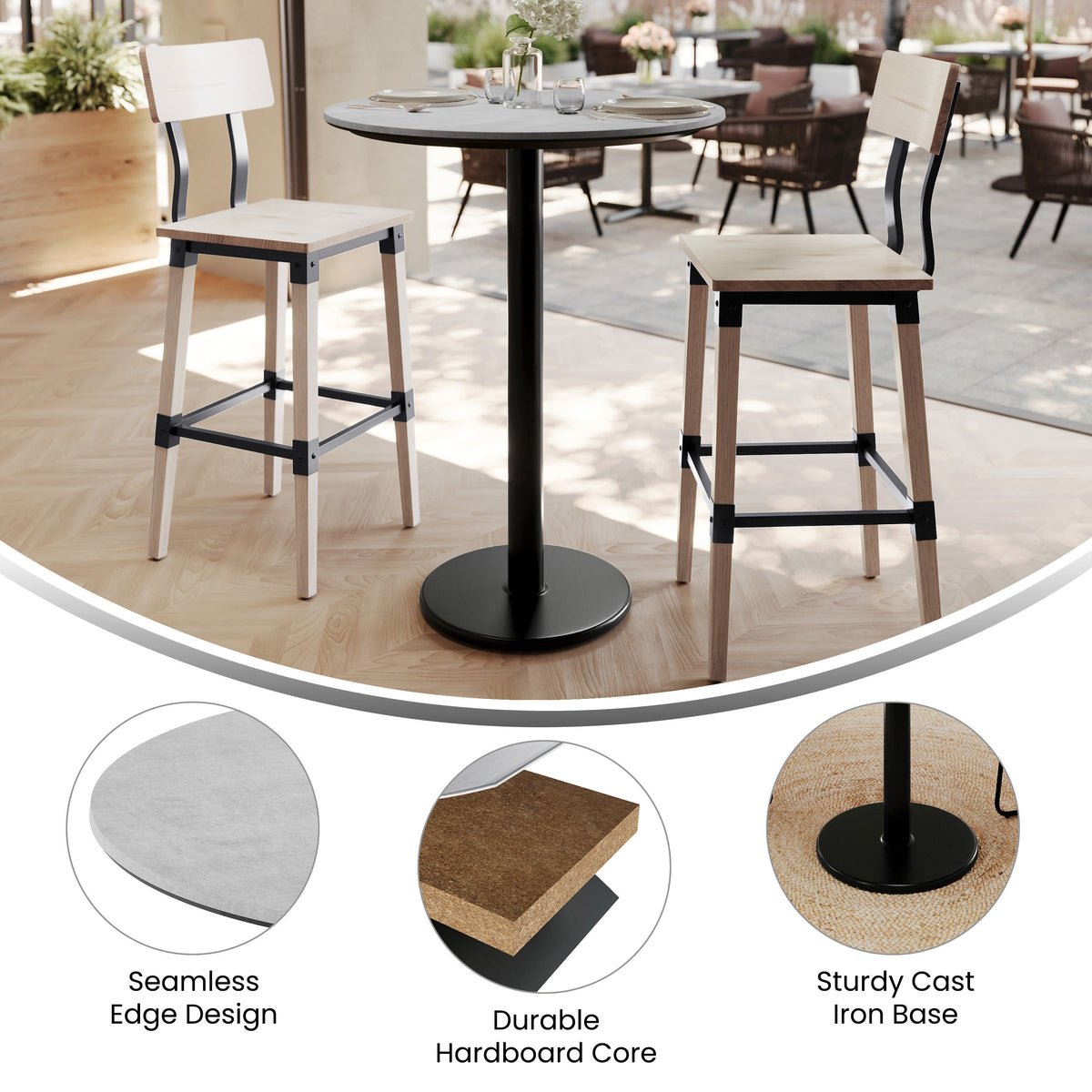 Gray Faux Concrete/Black Base |#| Commercial 31.25" Gray Faux Concrete HPL Tabletop with Black Bar Height RD Base