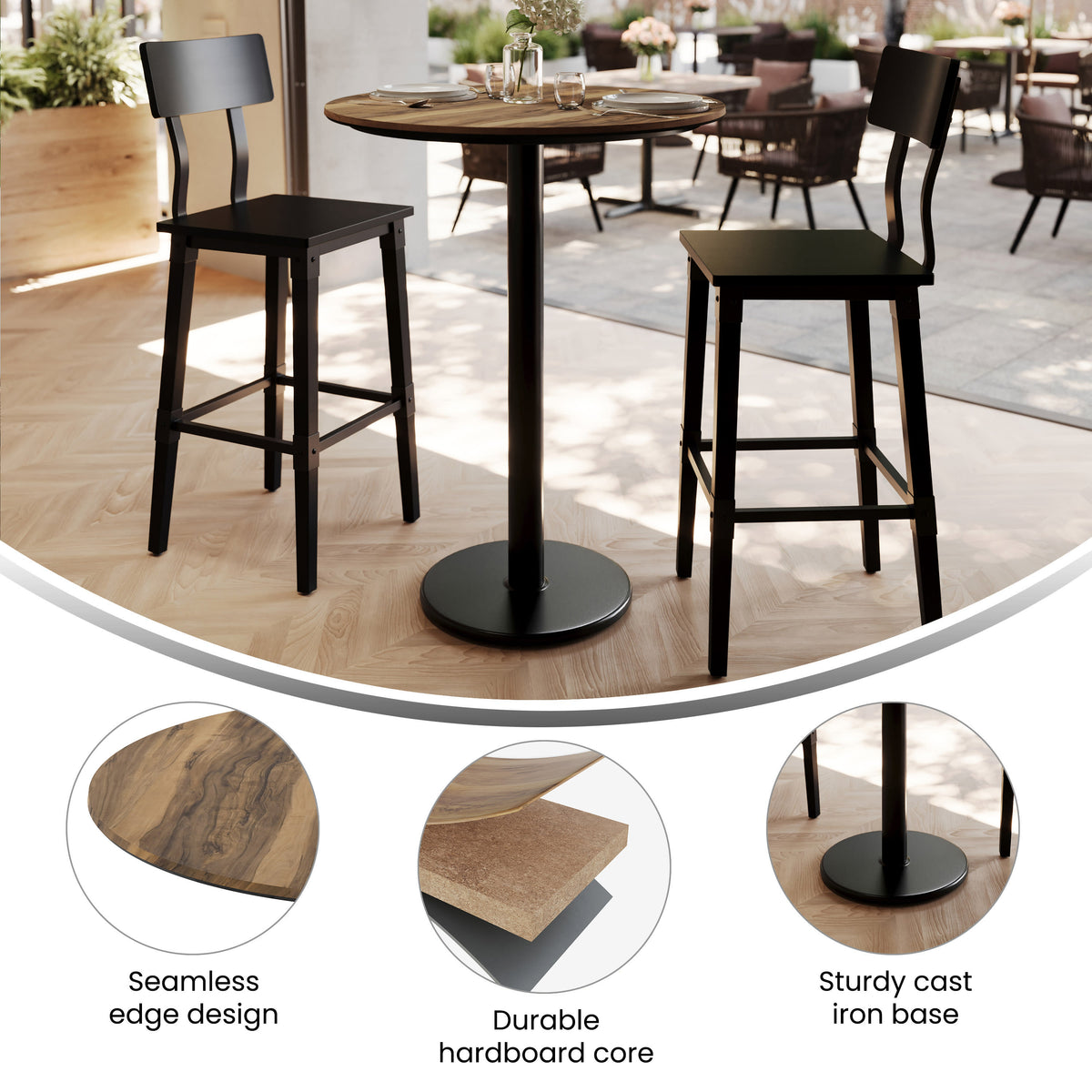 Natural/Black Base |#| Commercial 31.25" Natural HPL Tabletop with Black Bar Height RD Base
