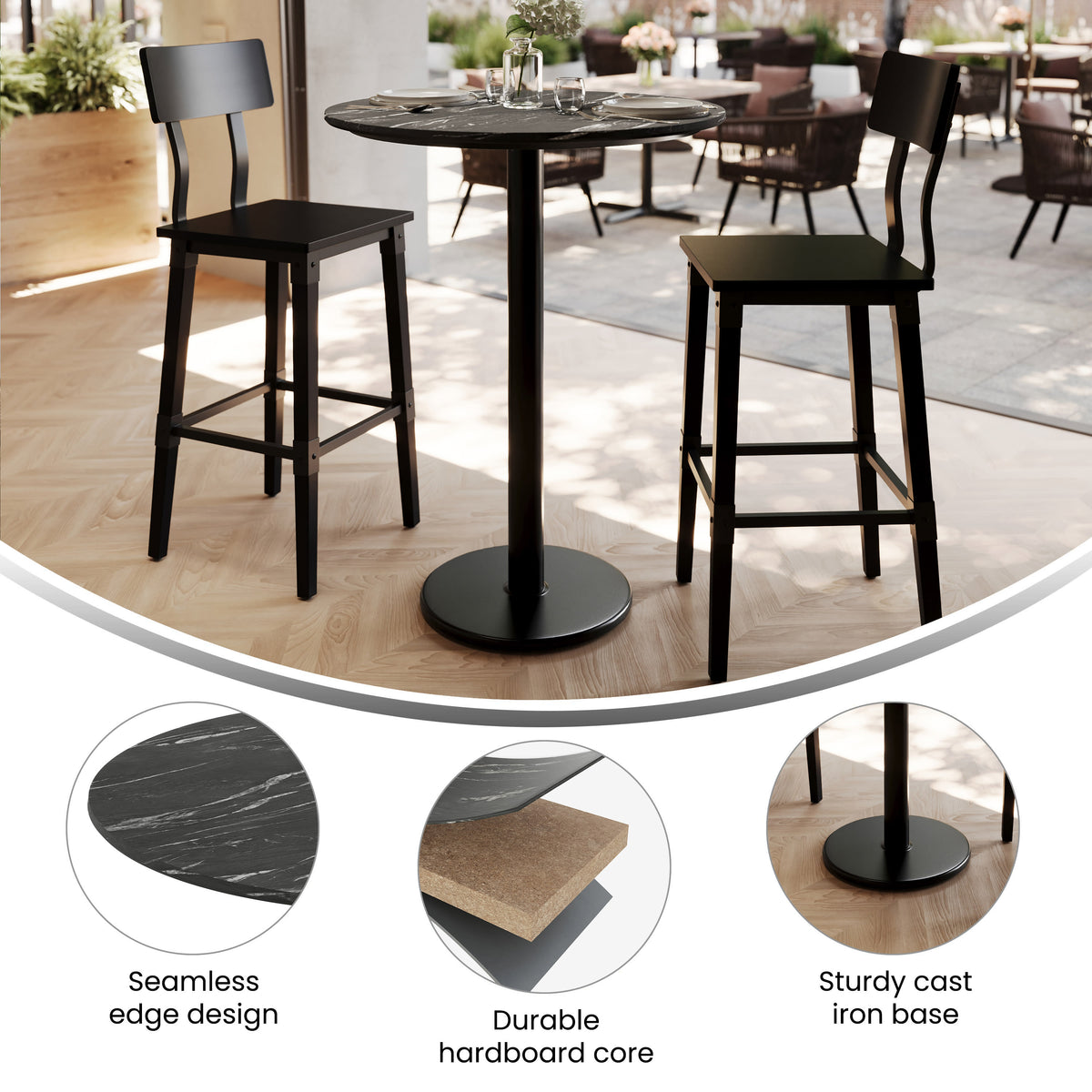 Black Faux Marble/Black Base |#| Commercial 31.25" Black Faux Marble HPL Tabletop with Black Bar Height RD Base