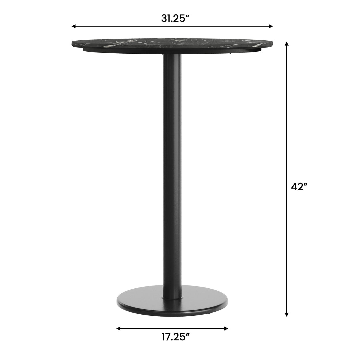 Black Faux Marble/Black Base |#| Commercial 31.25" Black Faux Marble HPL Tabletop with Black Bar Height RD Base