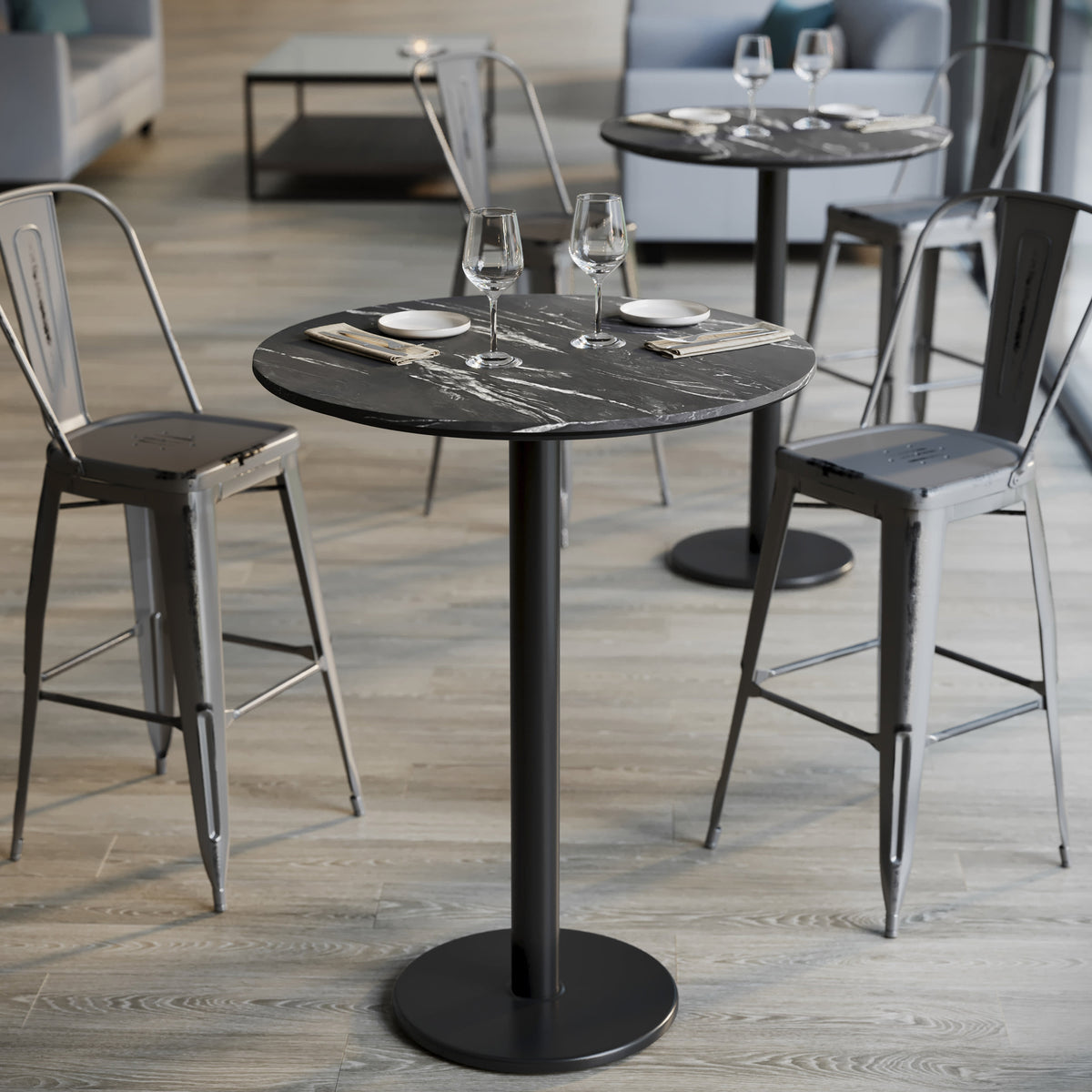 Black Faux Marble/Black Base |#| Commercial 31.25" Black Faux Marble HPL Tabletop with Black Bar Height RD Base
