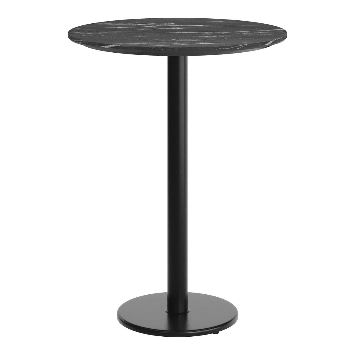 Black Faux Marble/Black Base |#| Commercial 31.25" Black Faux Marble HPL Tabletop with Black Bar Height RD Base