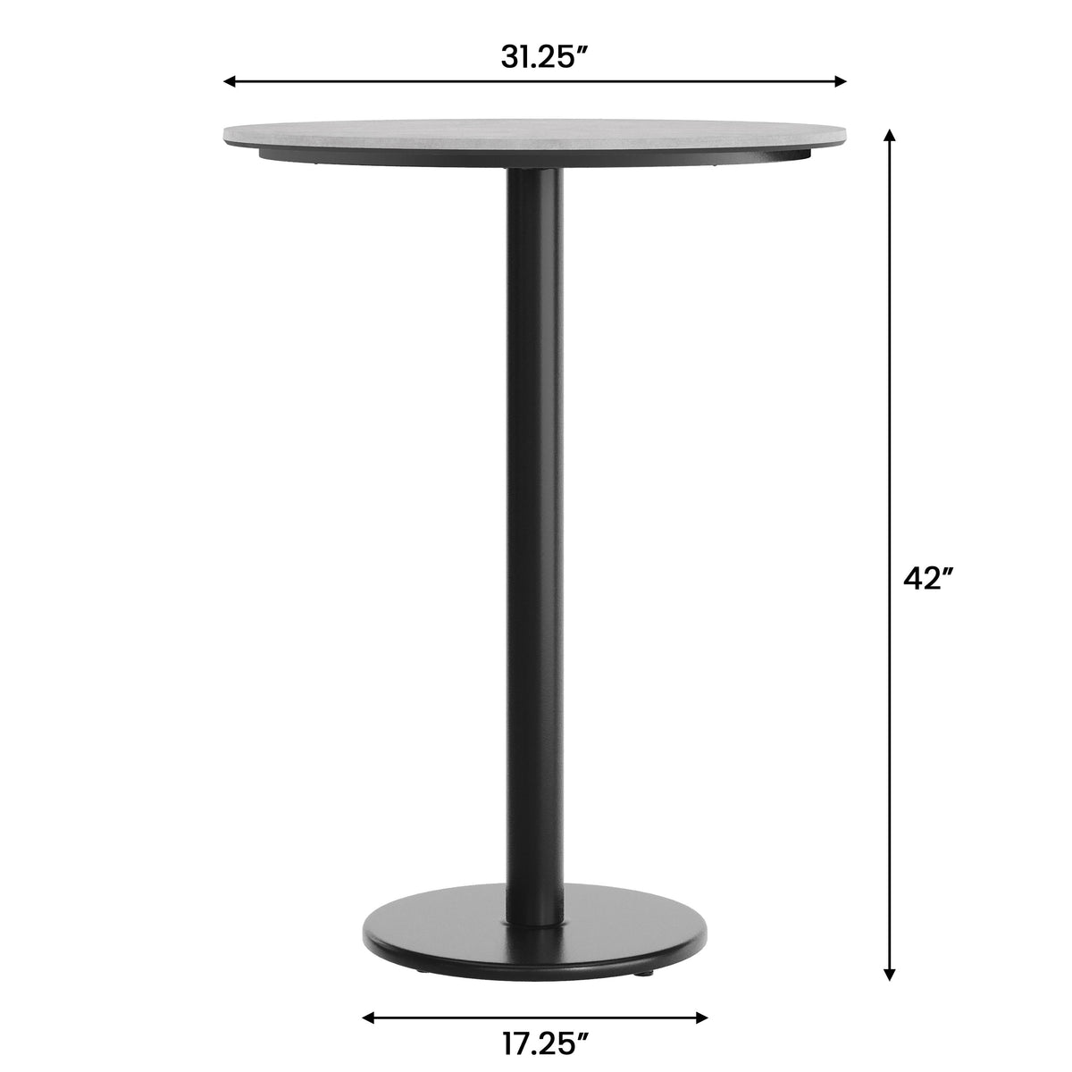 Gray Faux Concrete/Black Base |#| Commercial 31.25" Gray Faux Concrete HPL Tabletop with Black Bar Height RD Base