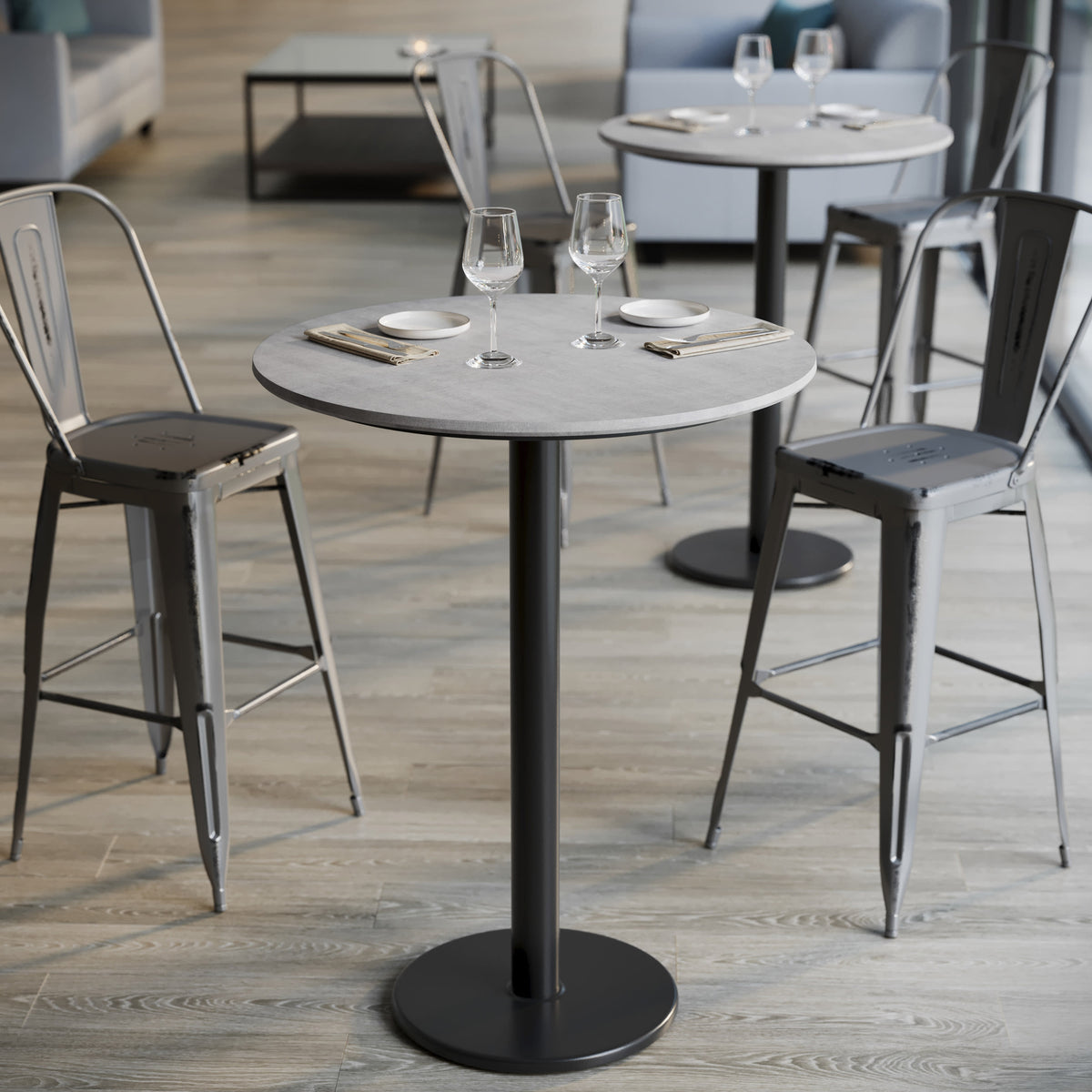 Gray Faux Concrete/Black Base |#| Commercial 31.25" Gray Faux Concrete HPL Tabletop with Black Bar Height RD Base